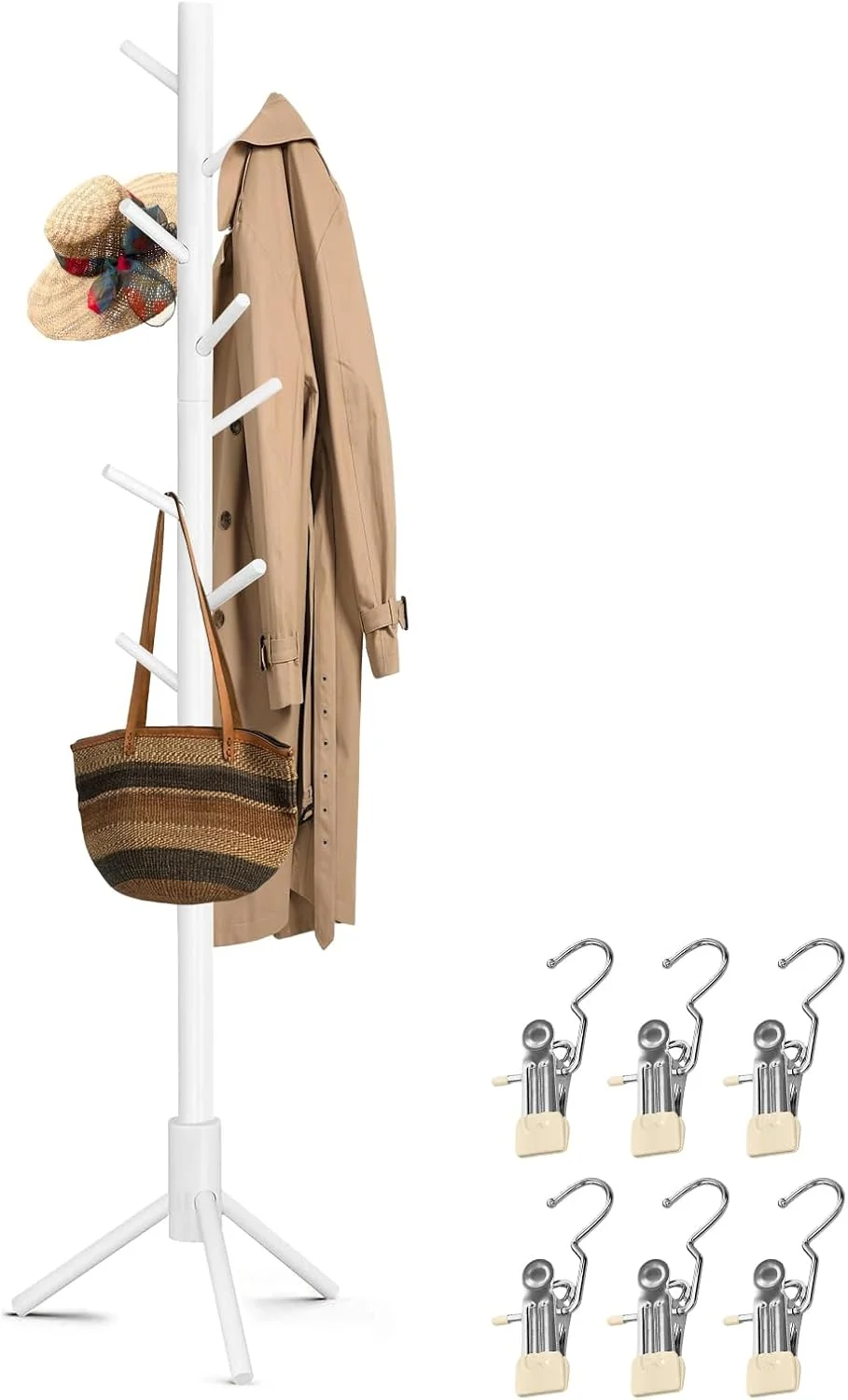 چوب لباسی ایستاده چوبی با گیره – رخت آویز کلاهی مستقل از جنس چوب کاج با گیره های استیل ضد زنگ، 8 گیره – چوب لباسی مدرن برای اتاق خواب، ورودی، دفتر (سفید) چوب لباسی ایستاده چوبی با گیره – رخت آویز کلاهی مستقل از جنس چوب کاج با گیره های استیل ضد زنگ، 8 گیره – چوب لباسی مدرن برای اتاق خواب، ورودی، دفتر (سفید)