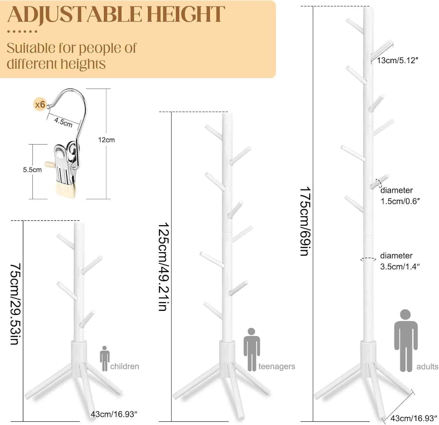 چوب لباسی ایستاده چوبی با گیره – رخت آویز کلاهی مستقل از جنس چوب کاج با گیره های استیل ضد زنگ، 8 گیره – چوب لباسی مدرن برای اتاق خواب، ورودی، دفتر (سفید) چوب لباسی ایستاده چوبی با گیره – رخت آویز کلاهی مستقل از جنس چوب کاج با گیره های استیل ضد زنگ، 8 گیره – چوب لباسی مدرن برای اتاق خواب، ورودی، دفتر (سفید)