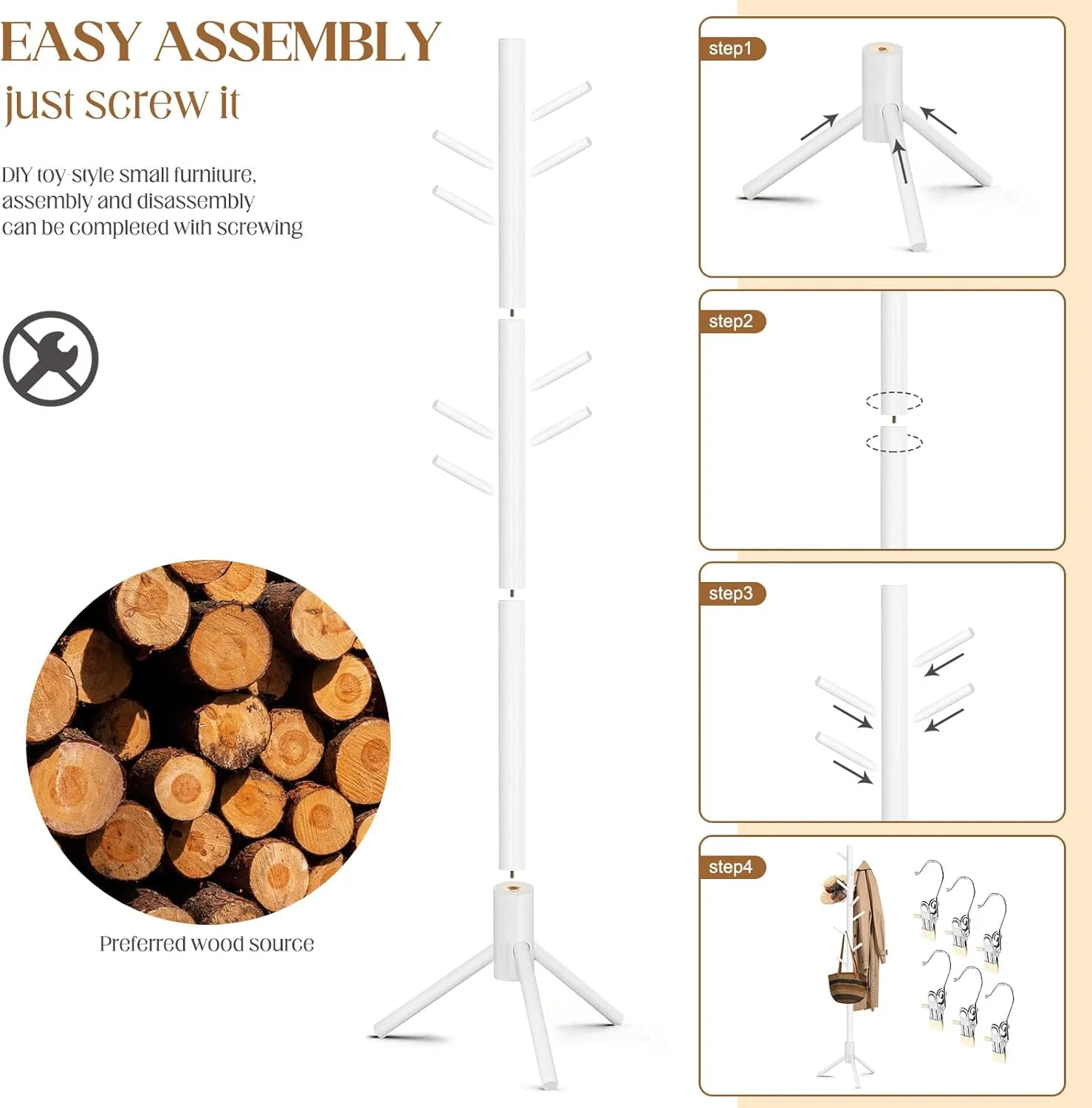 چوب لباسی ایستاده چوبی با گیره – رخت آویز کلاهی مستقل از جنس چوب کاج با گیره های استیل ضد زنگ، 8 گیره – چوب لباسی مدرن برای اتاق خواب، ورودی، دفتر (سفید) چوب لباسی ایستاده چوبی با گیره – رخت آویز کلاهی مستقل از جنس چوب کاج با گیره های استیل ضد زنگ، 8 گیره – چوب لباسی مدرن برای اتاق خواب، ورودی، دفتر (سفید)