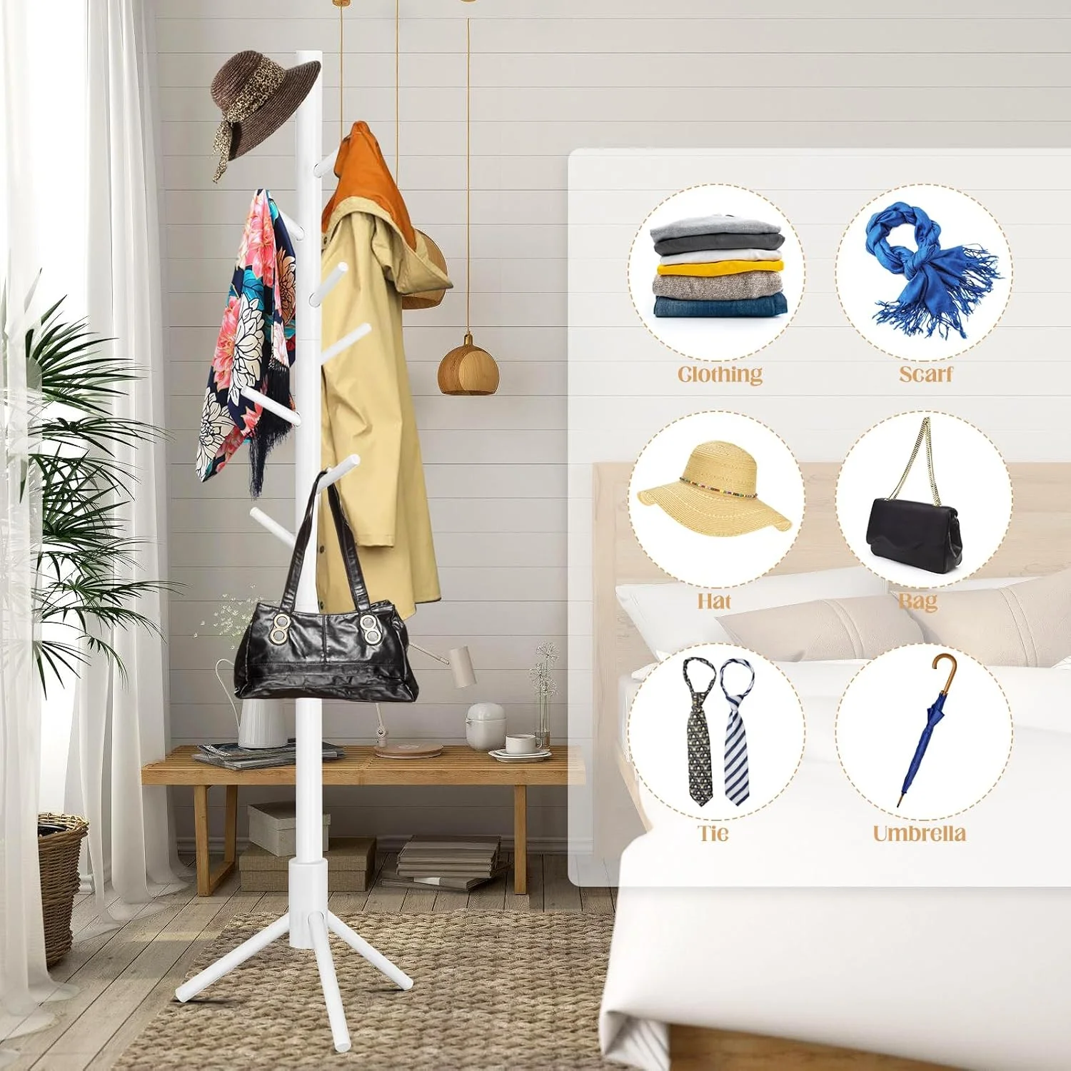 چوب لباسی ایستاده چوبی با گیره – رخت آویز کلاهی مستقل از جنس چوب کاج با گیره های استیل ضد زنگ، 8 گیره – چوب لباسی مدرن برای اتاق خواب، ورودی، دفتر (سفید) چوب لباسی ایستاده چوبی با گیره – رخت آویز کلاهی مستقل از جنس چوب کاج با گیره های استیل ضد زنگ، 8 گیره – چوب لباسی مدرن برای اتاق خواب، ورودی، دفتر (سفید)