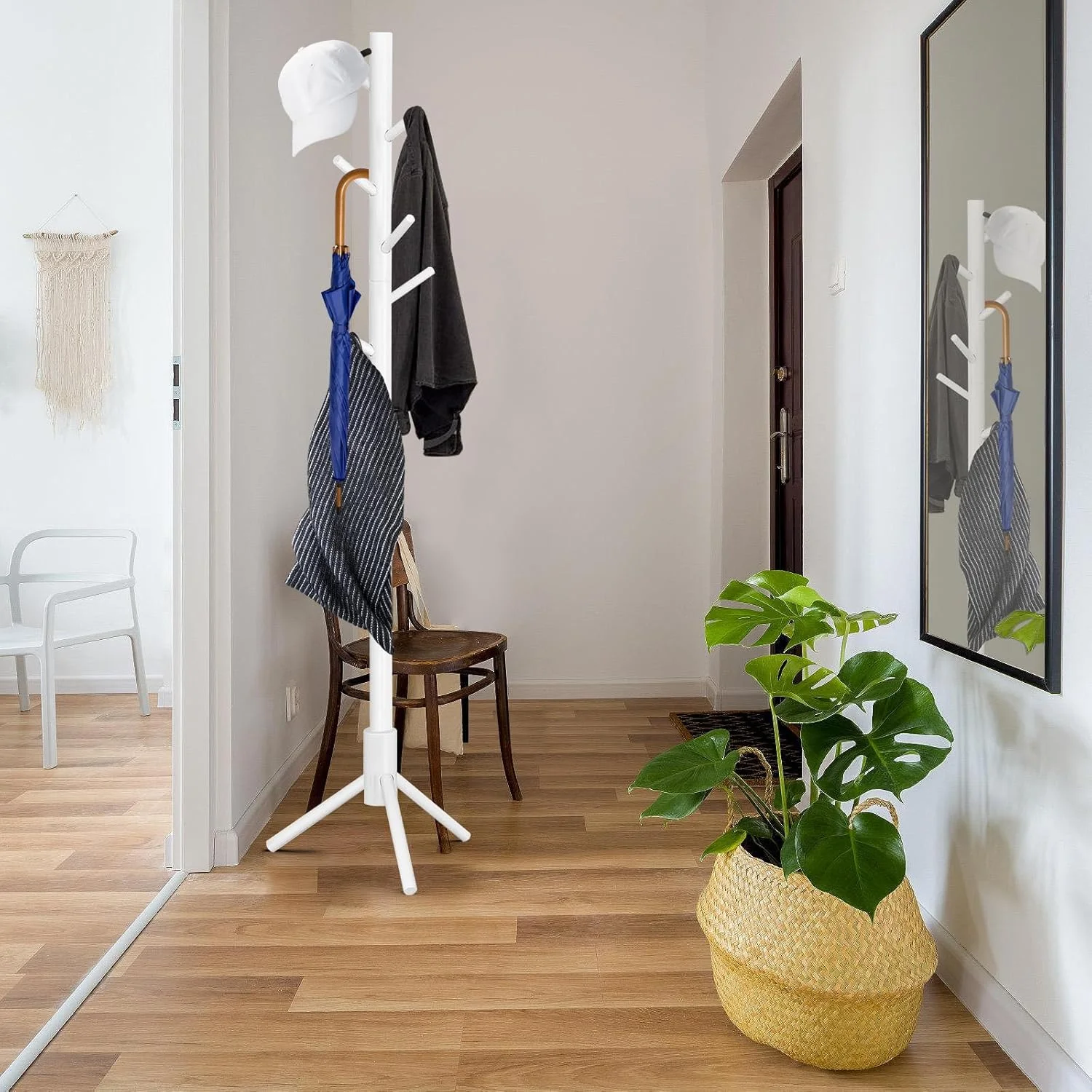 چوب لباسی ایستاده چوبی با گیره – رخت آویز کلاهی مستقل از جنس چوب کاج با گیره های استیل ضد زنگ، 8 گیره – چوب لباسی مدرن برای اتاق خواب، ورودی، دفتر (سفید) چوب لباسی ایستاده چوبی با گیره – رخت آویز کلاهی مستقل از جنس چوب کاج با گیره های استیل ضد زنگ، 8 گیره – چوب لباسی مدرن برای اتاق خواب، ورودی، دفتر (سفید)