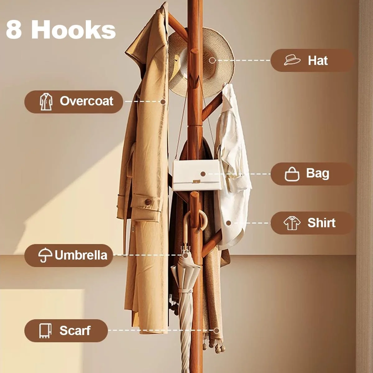 چوب لباسی ایستاده چوبی، 8 آویز، مناسب برای ورودی راهرو، قابل استفاده در اتاق خواب، نشیمن، اداره برای آویزان کردن لباس، کلاه، کیف (قهوه ای) چوب لباسی ایستاده چوبی، 8 آویز، مناسب برای ورودی راهرو، قابل استفاده در اتاق خواب، نشیمن، اداره برای آویزان کردن لباس، کلاه، کیف (قهوه ای)