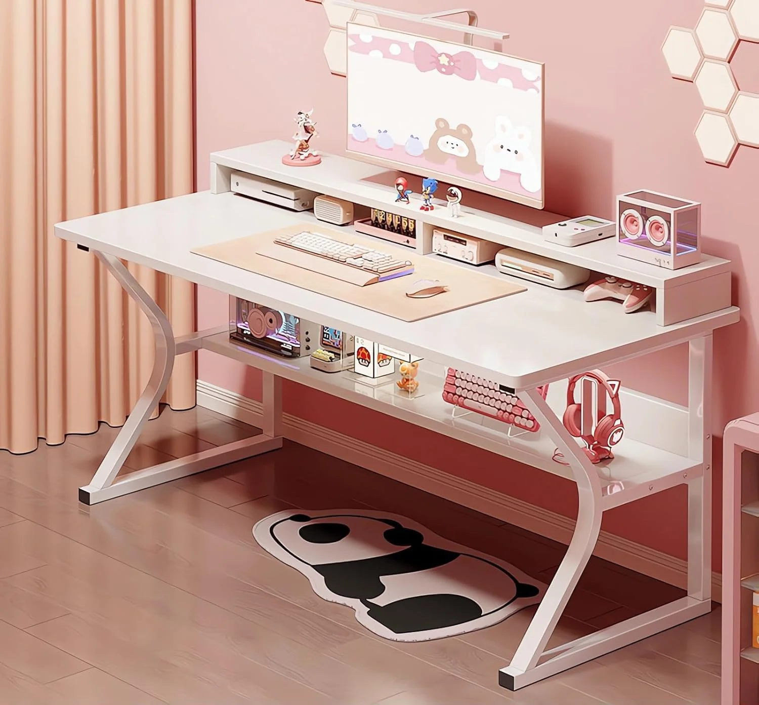 میز کامپیوتر دِزینو با قفسه، میز تحریر سفید، میز بازی C شکل، میز کار کامپیوتر، میزهای اداری خانگی، صرفه جویی در فضا، مونتاژ آسان (سفید، 120 * 60 * 75 سانتی متر)