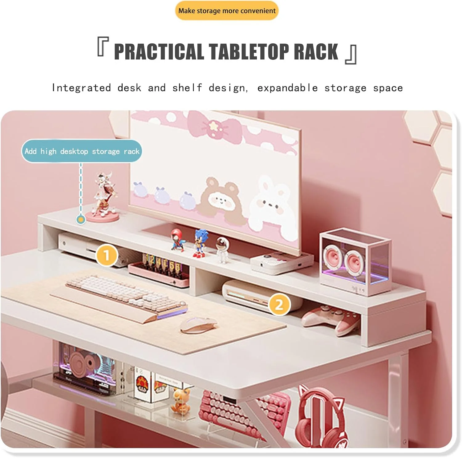 میز کامپیوتر دِزینو با قفسه، میز تحریر سفید، میز بازی C شکل، میز کار کامپیوتر، میزهای اداری خانگی، صرفه جویی در فضا، مونتاژ آسان (سفید، 120 * 60 * 75 سانتی متر)