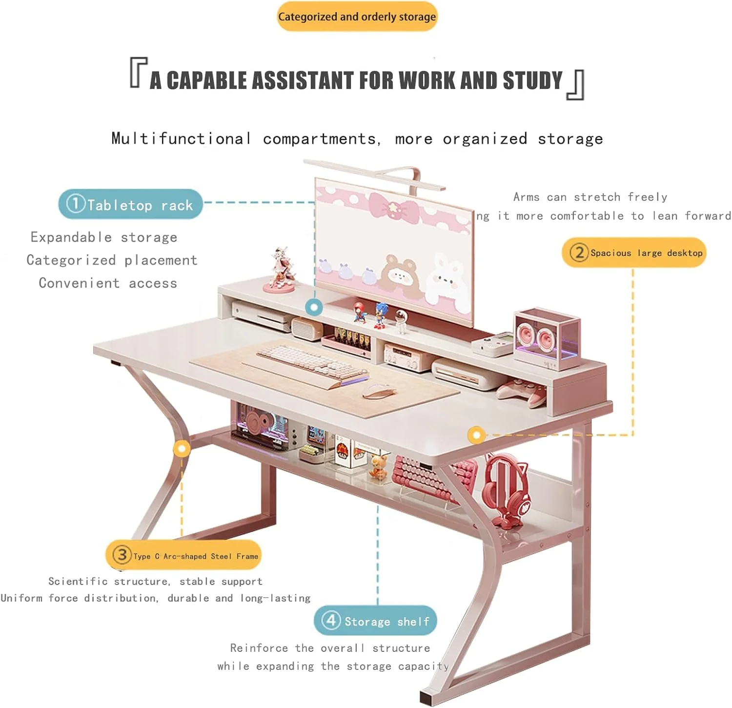 میز کامپیوتر دِزینو با قفسه، میز تحریر سفید، میز بازی C شکل، میز کار کامپیوتر، میزهای اداری خانگی، صرفه جویی در فضا، مونتاژ آسان (سفید، 120 * 60 * 75 سانتی متر)