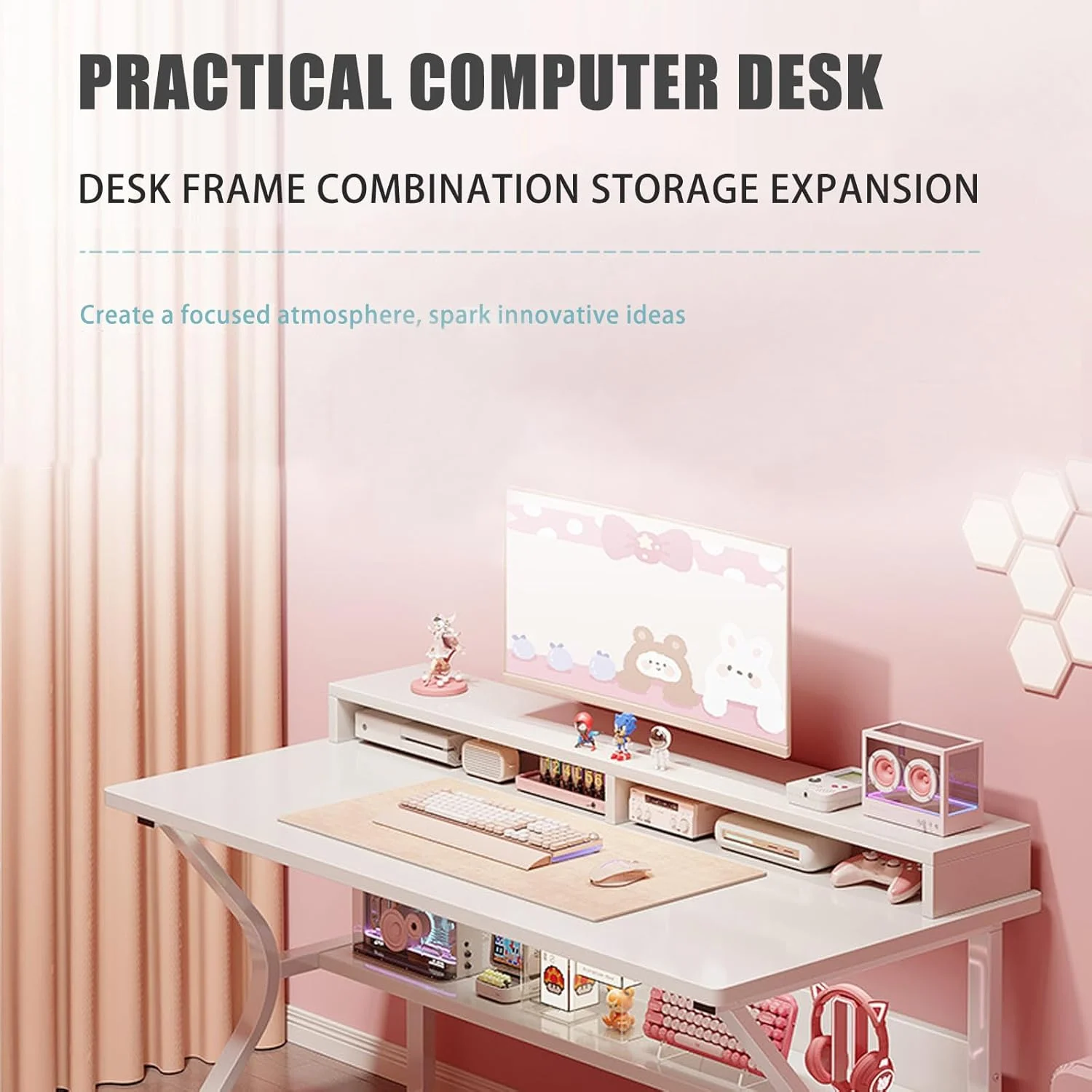 میز کامپیوتر دِزینو با قفسه، میز تحریر سفید، میز بازی C شکل، میز کار کامپیوتر، میزهای اداری خانگی، صرفه جویی در فضا، مونتاژ آسان (سفید، 120 * 60 * 75 سانتی متر)