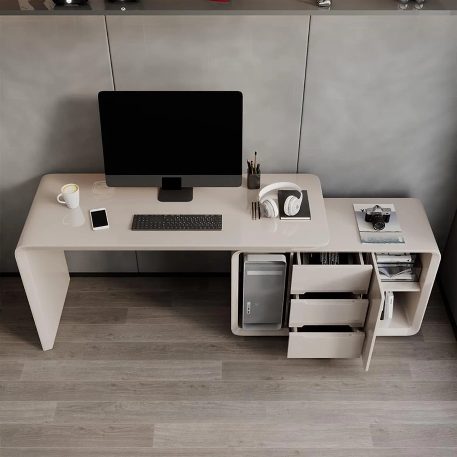 میز کار ZKSKOX، میز گوشه لوکس، قفسه کتاب، میز اداری یکپارچه، میز کامپیوتر جمع و جور ساده خانگی