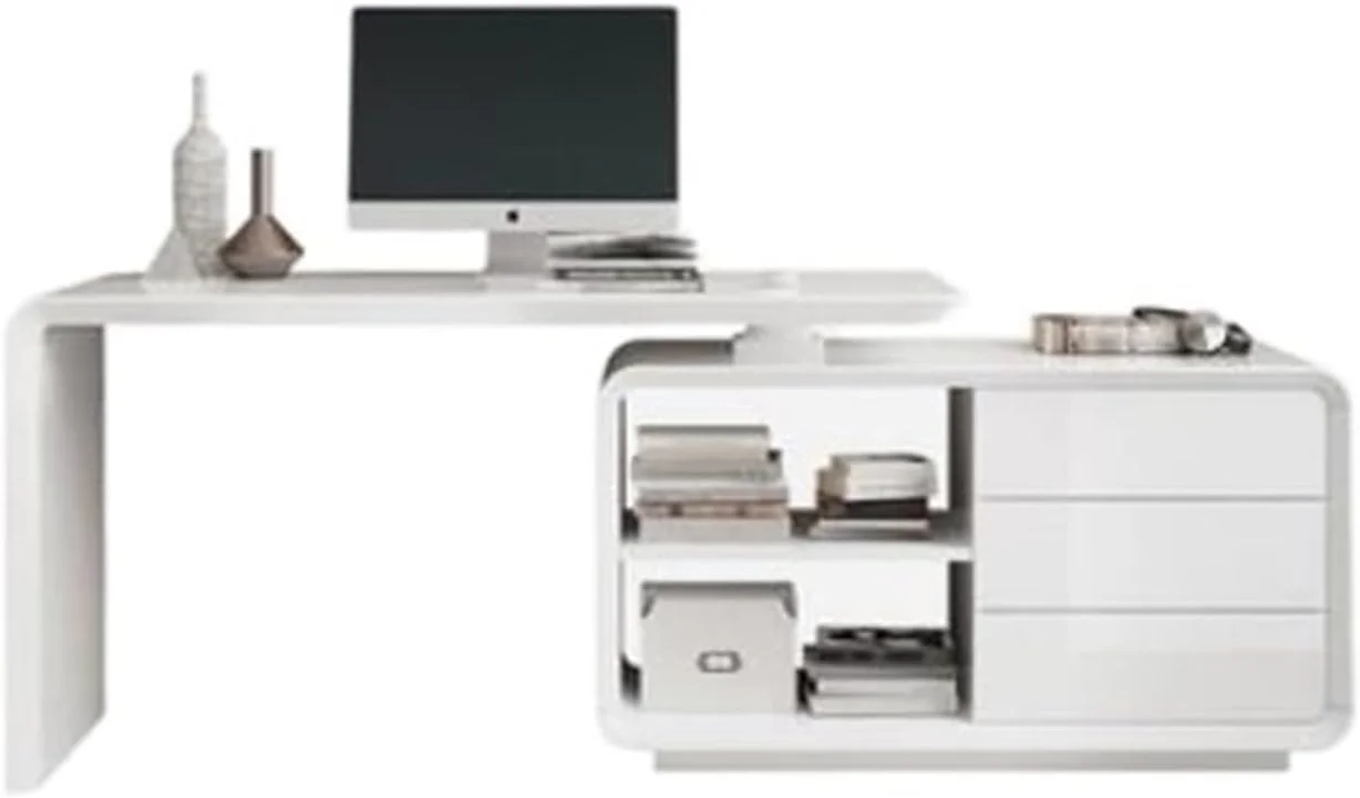 میز کامپیوتر، میز اداری، گوشه چرخان، میز رنگ شده سفید، ترکیب قفسه کتاب و کتابخانه