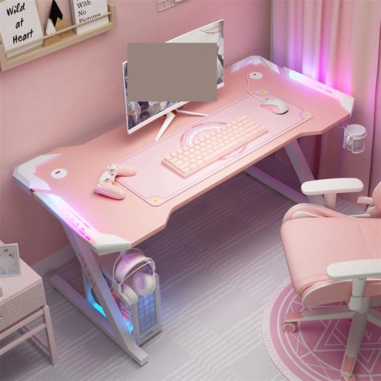 میز کار صورتی برقی، میز کامپیوتر رومیزی مناسب بازی و کار خانوادگی به همراه صندلی