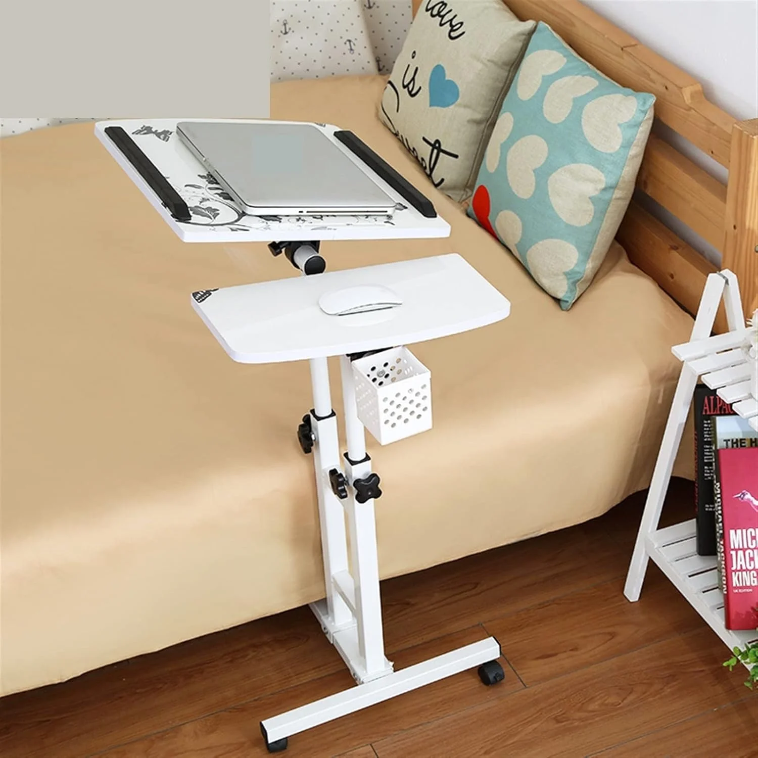 میز کار تاشو و قابل حمل برای لپ تاپ، مناسب برای استفاده در کنار تخت، با قابلیت تنظیم ارتفاع و چرخش