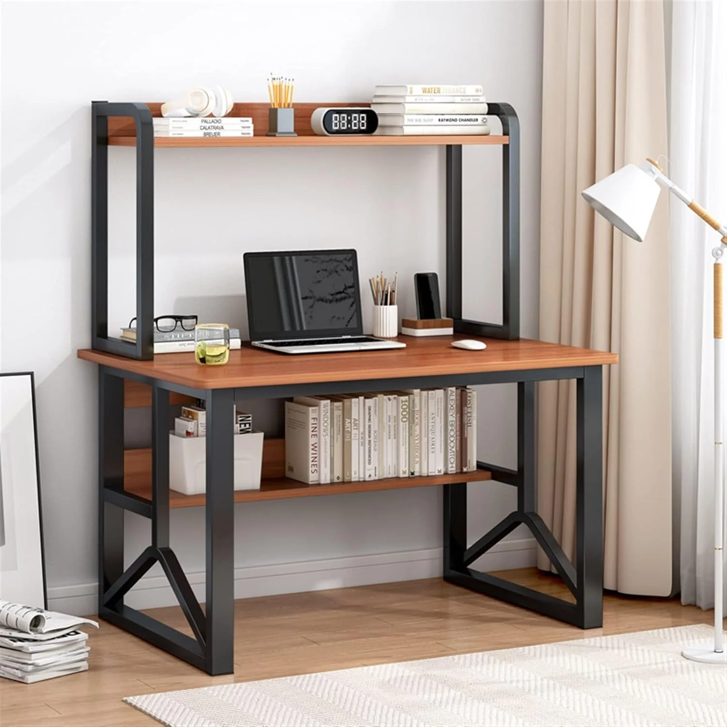 میز کار، میز کامپیوتر، میز تحریر خانگی، مناسب برای مطالعه دانش آموزان دبیرستانی، دارای قفسه کتاب یکپارچه و طراحی ساده