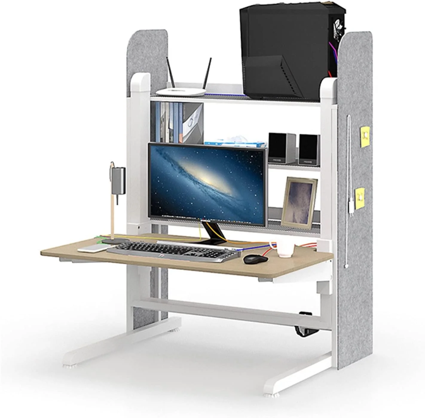 میز کار ZKSKOX، میز بالابر برقی، میز کامپیوتر خانگی با قفسه کتاب و فضای ذخیره سازی یکپارچه میز کار ZKSKOX، میز بالابر برقی، میز کامپیوتر خانگی با قفسه کتاب و فضای ذخیره سازی یکپارچه