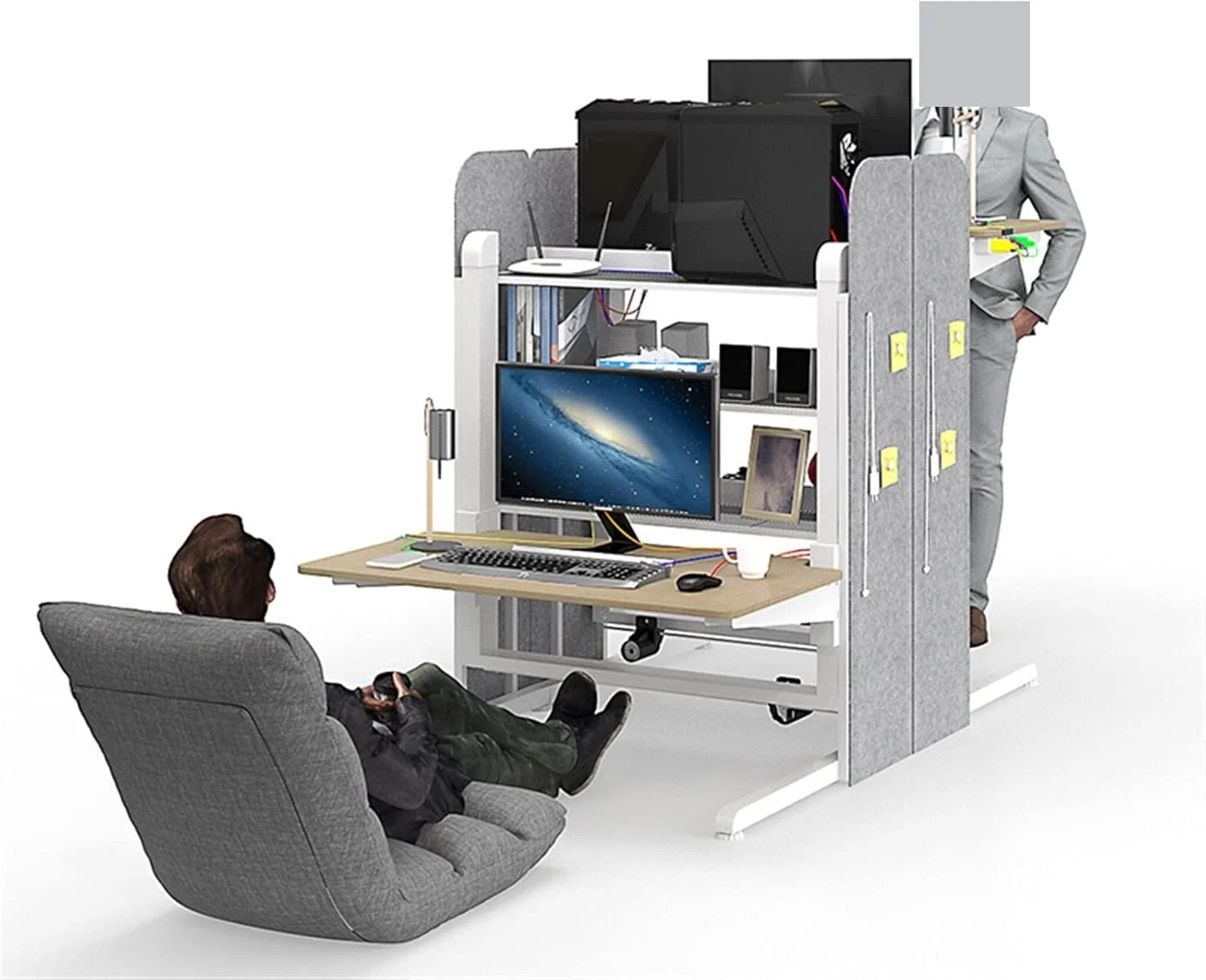 میز کار ZKSKOX، میز بالابر برقی، میز کامپیوتر خانگی با قفسه کتاب و فضای ذخیره سازی یکپارچه میز کار ZKSKOX، میز بالابر برقی، میز کامپیوتر خانگی با قفسه کتاب و فضای ذخیره سازی یکپارچه