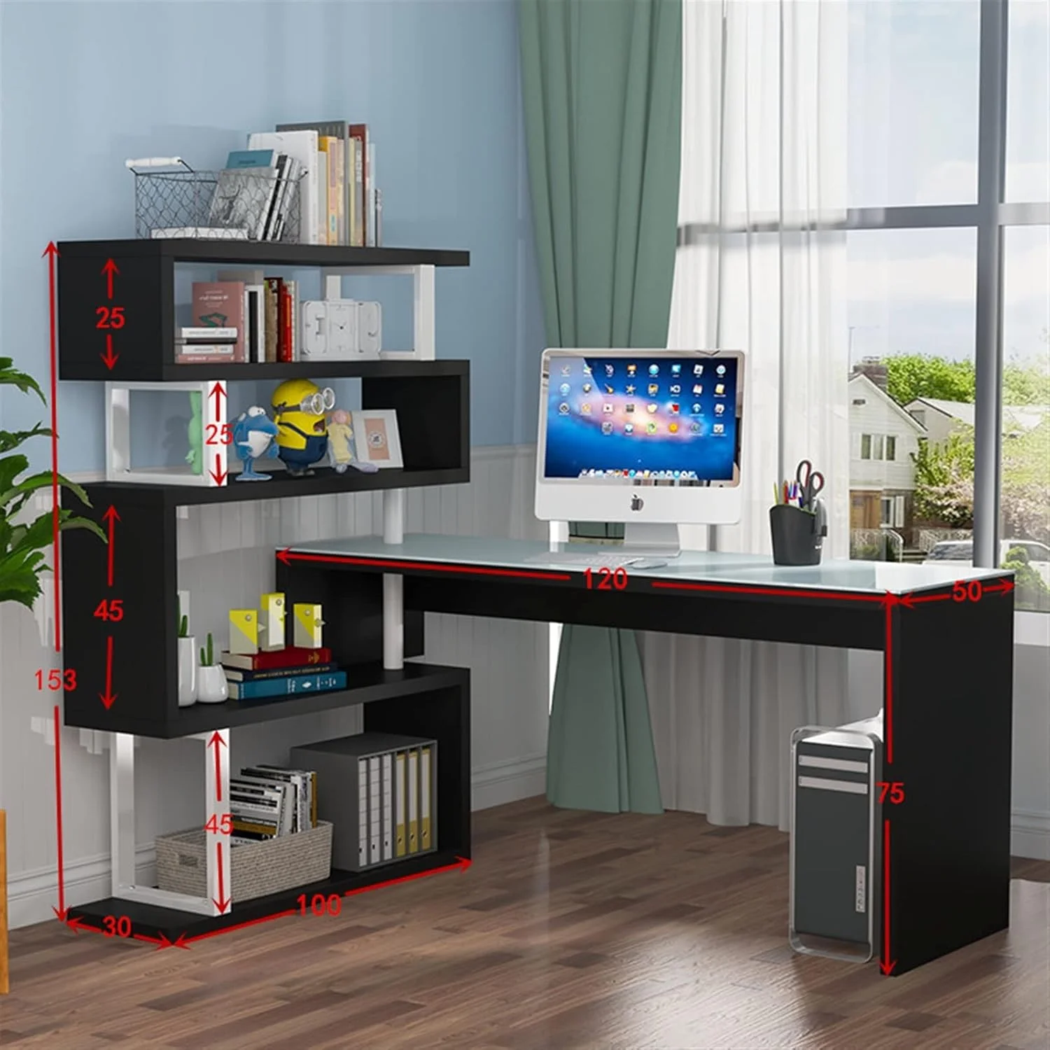 میز کامپیوتر ZKSKOX، میز تحریر، قفسه کتاب، ترکیبی، مدل L، چرخش گوشه ای مناسب منزل و دانشجو میز کامپیوتر ZKSKOX، میز تحریر، قفسه کتاب، ترکیبی، مدل L، چرخش گوشه ای مناسب منزل و دانشجو