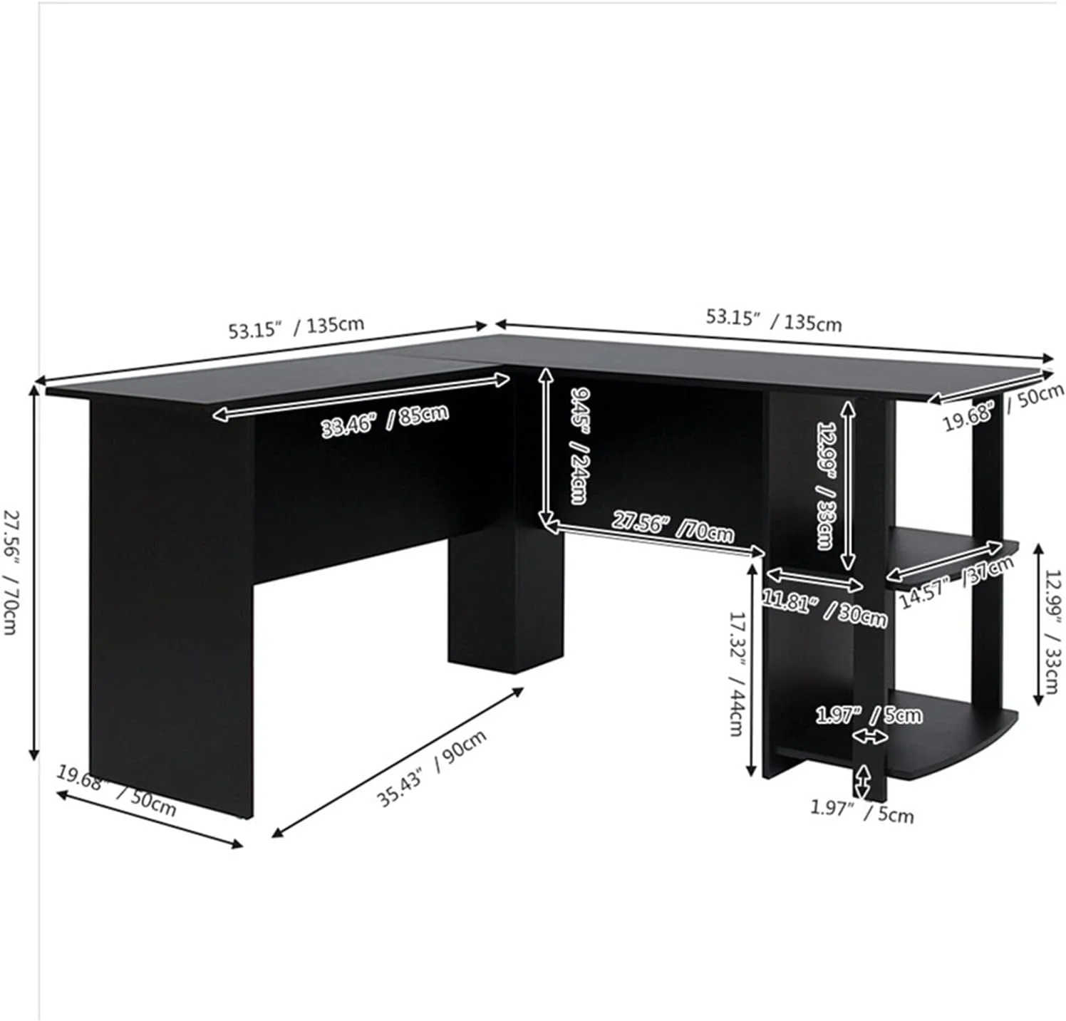 میز کار بزرگ ال شکل، میز کامپیوتر گوشه ای با قفسه کتاب دو طبقه، میز کار مشکی برای دفتر کار خانگی