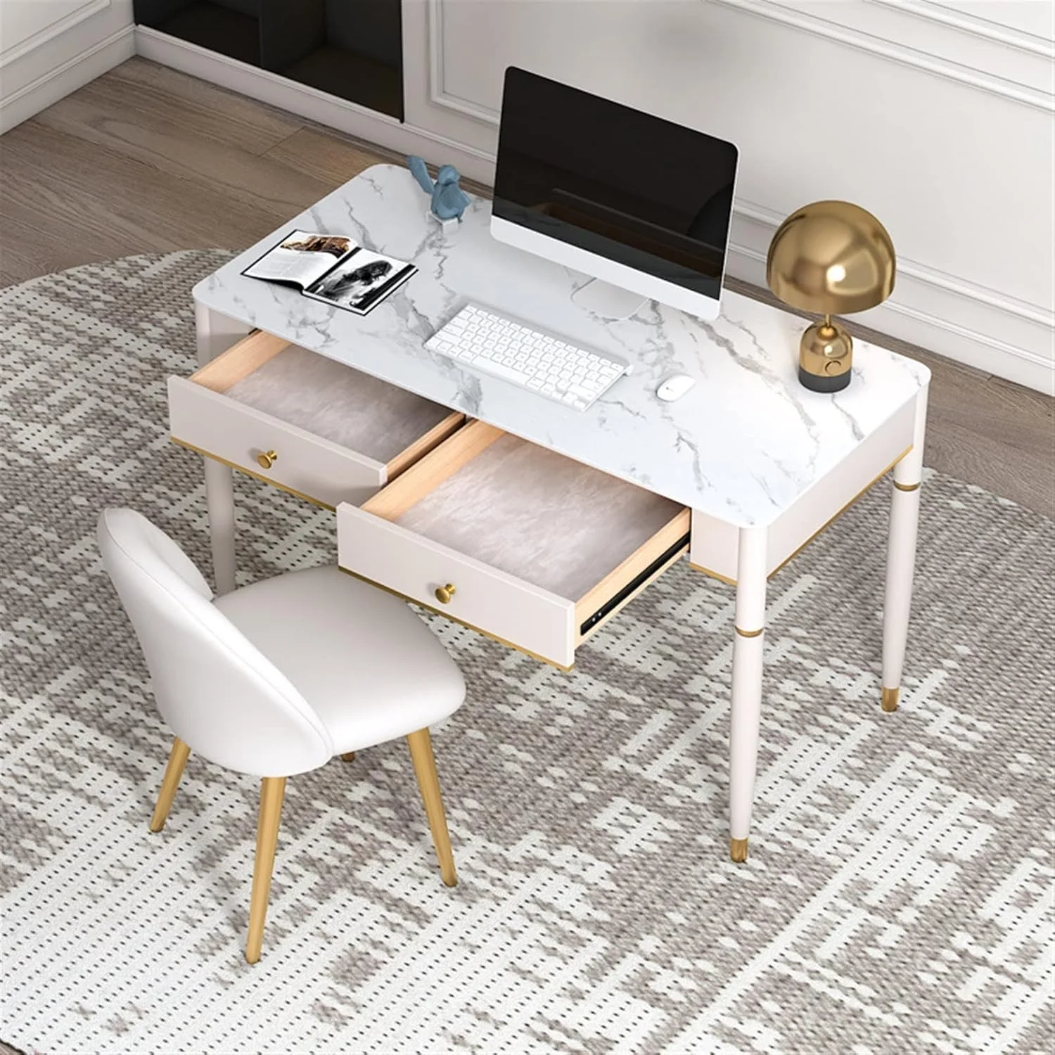 میز کار ZKSKOX مناسب منزل و مطالعه با کشو، میز کامپیوتر، میز تحریر، مدرن سفید تک نفره