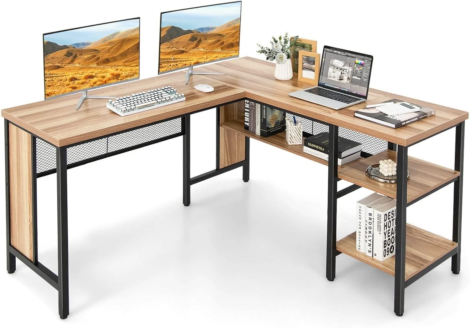 میز کار ZKSKOX مدل L شکل، میز کامپیوتر گوشه ای، ایستگاه کاری اداری خانگی با قفسه های ذخیره سازی، طرح چوب بلوط میز کار ZKSKOX مدل L شکل، میز کامپیوتر گوشه ای، ایستگاه کاری اداری خانگی با قفسه های ذخیره سازی، طرح چوب بلوط