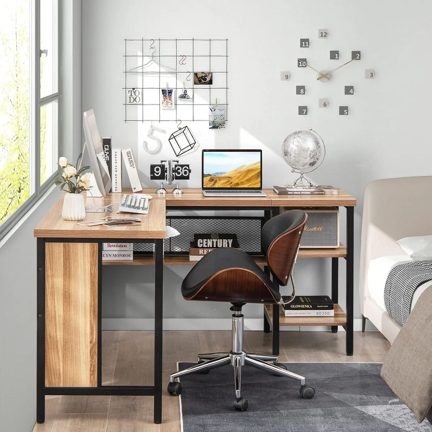 میز کار ZKSKOX مدل L شکل، میز کامپیوتر گوشه ای، ایستگاه کاری اداری خانگی با قفسه های ذخیره سازی، طرح چوب بلوط میز کار ZKSKOX مدل L شکل، میز کامپیوتر گوشه ای، ایستگاه کاری اداری خانگی با قفسه های ذخیره سازی، طرح چوب بلوط