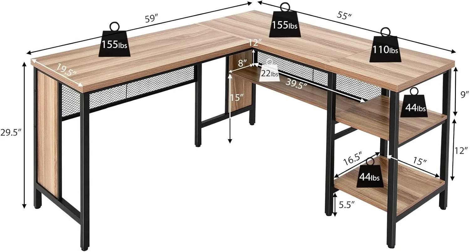 میز کار ZKSKOX مدل L شکل، میز کامپیوتر گوشه ای، ایستگاه کاری اداری خانگی با قفسه های ذخیره سازی، طرح چوب بلوط میز کار ZKSKOX مدل L شکل، میز کامپیوتر گوشه ای، ایستگاه کاری اداری خانگی با قفسه های ذخیره سازی، طرح چوب بلوط