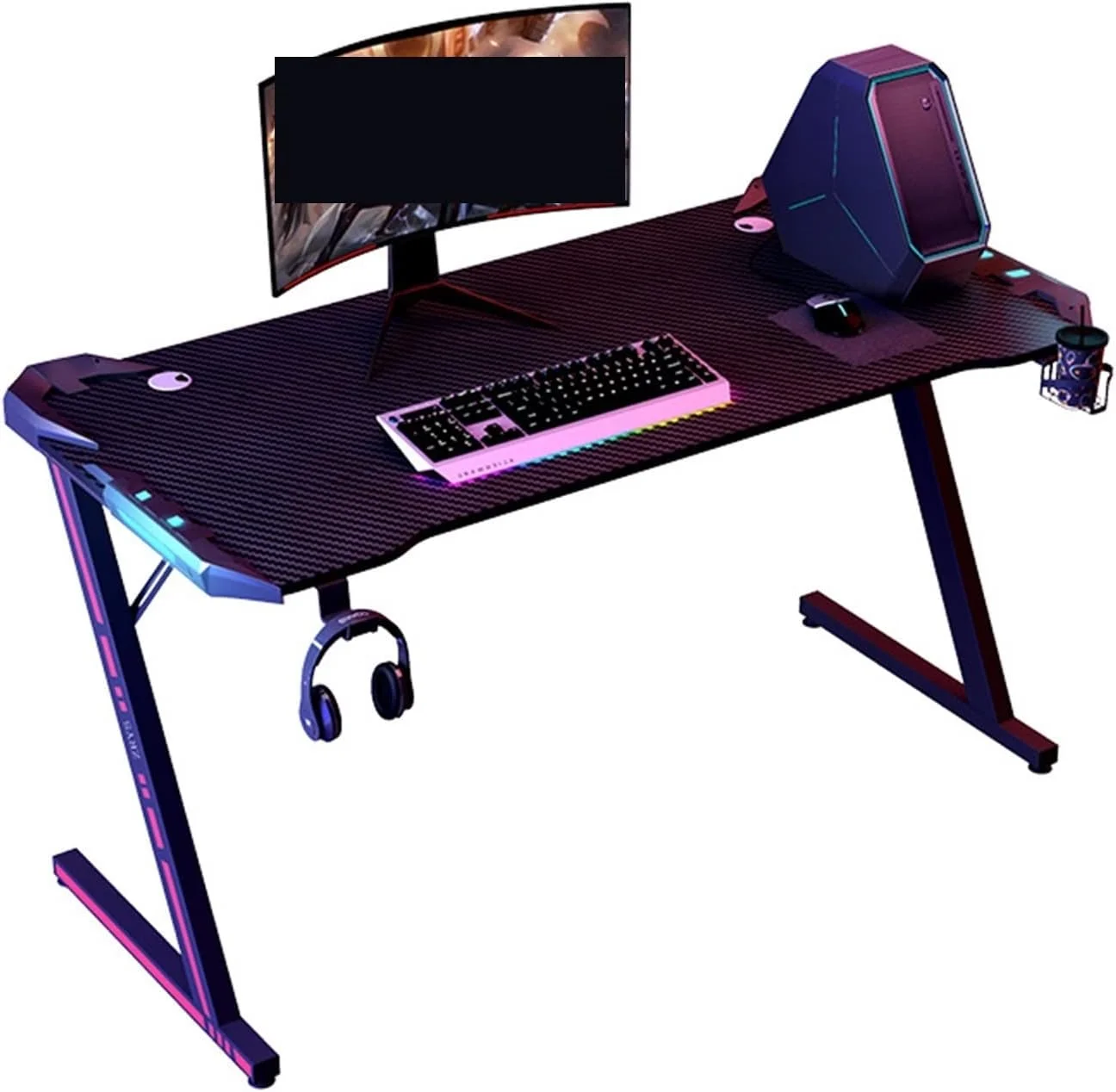 میز کار مدل Z، میز مسابقه الکتریکی با نور LED، دارای جای لیوان و نگهدارنده هدفون، میز کامپیوتر و نوشتن