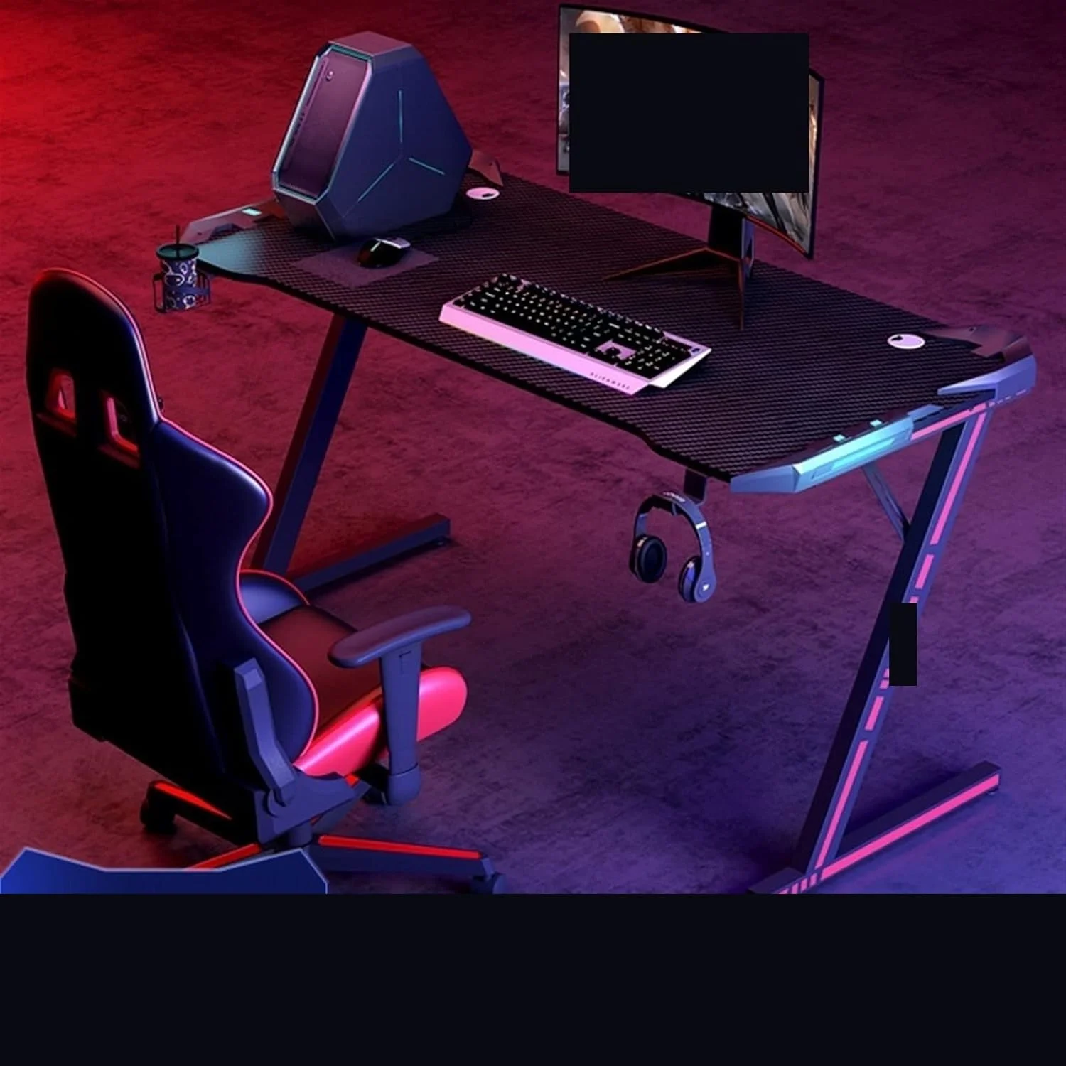 میز کار مدل Z، میز مسابقه الکتریکی با نور LED، دارای جای لیوان و نگهدارنده هدفون، میز کامپیوتر و نوشتن