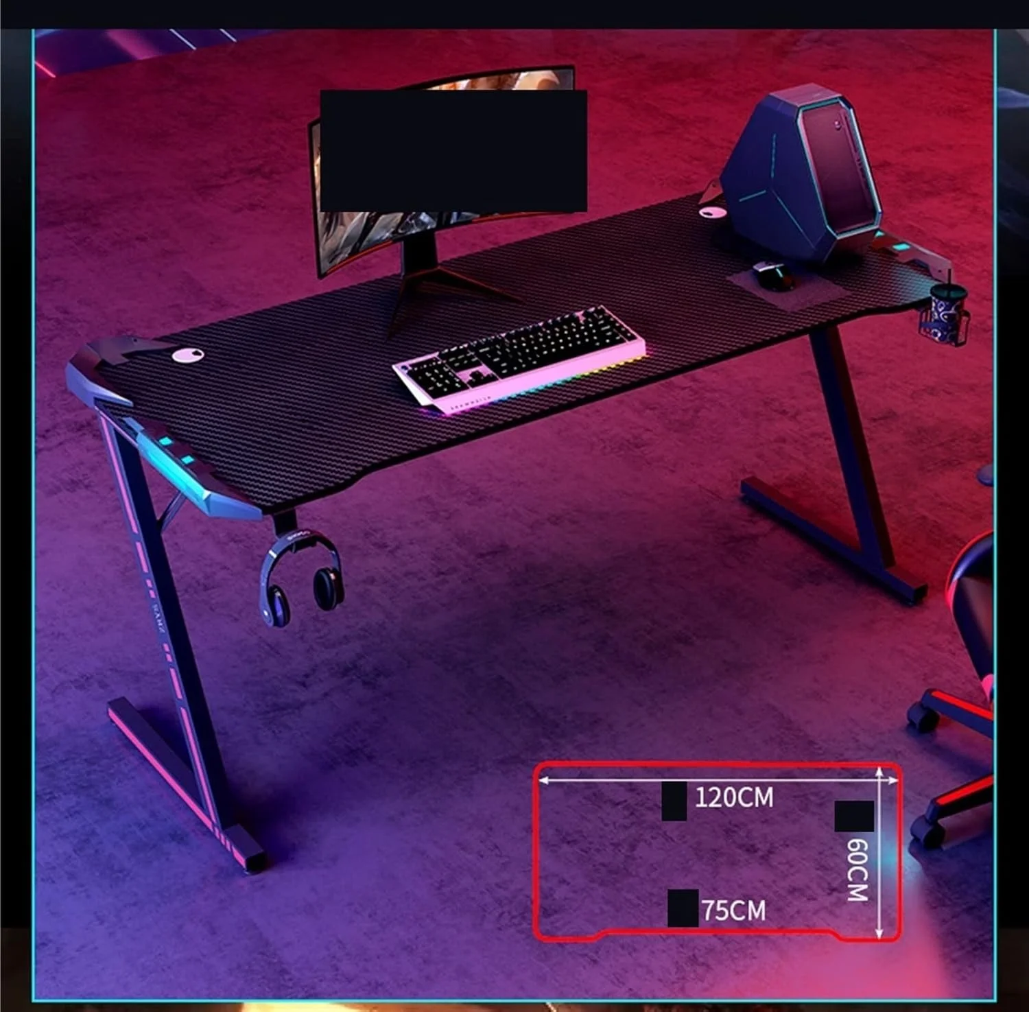 میز کار مدل Z، میز مسابقه الکتریکی با نور LED، دارای جای لیوان و نگهدارنده هدفون، میز کامپیوتر و نوشتن