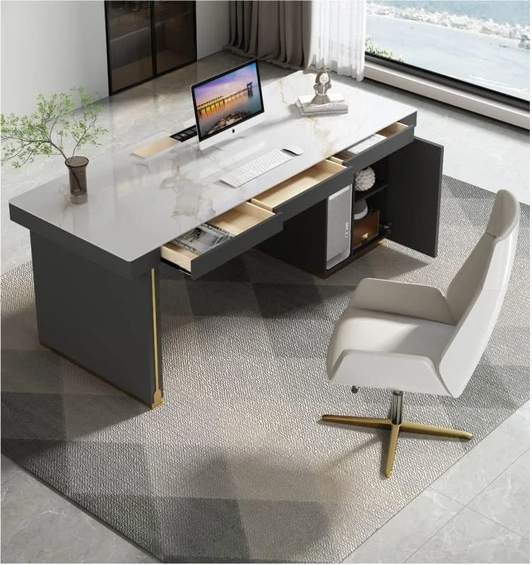 میز کار چوبی خاکستری با روکش چرم مناسب دفتر کار، منزل، اتاق مطالعه، میز کامپیوتر کوچک، میز ایستاده و میز تحریر میز کار چوبی خاکستری با روکش چرم مناسب دفتر کار، منزل، اتاق مطالعه، میز کامپیوتر کوچک، میز ایستاده و میز تحریر