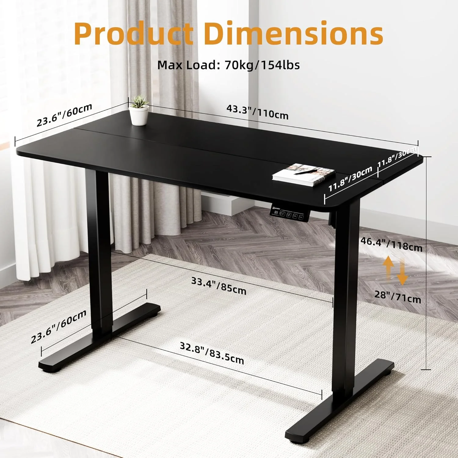 میز ایستاده برقی ارگومیکر، 110 x 60 سانتی متر، میز قابل تنظیم ارتفاع برای دفتر کار خانگی، میز کامپیوتر با حافظه از پیش تعیین شده (فریم مشکی، صفحه مشکی)