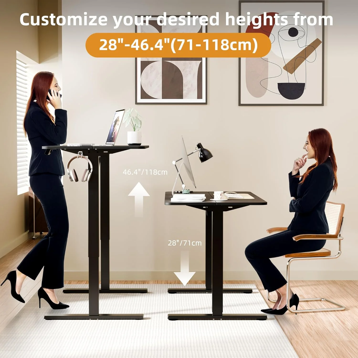 میز ایستاده برقی ارگومیکر، 110 x 60 سانتی متر، میز قابل تنظیم ارتفاع برای دفتر کار خانگی، میز کامپیوتر با حافظه از پیش تعیین شده (فریم مشکی، صفحه مشکی)