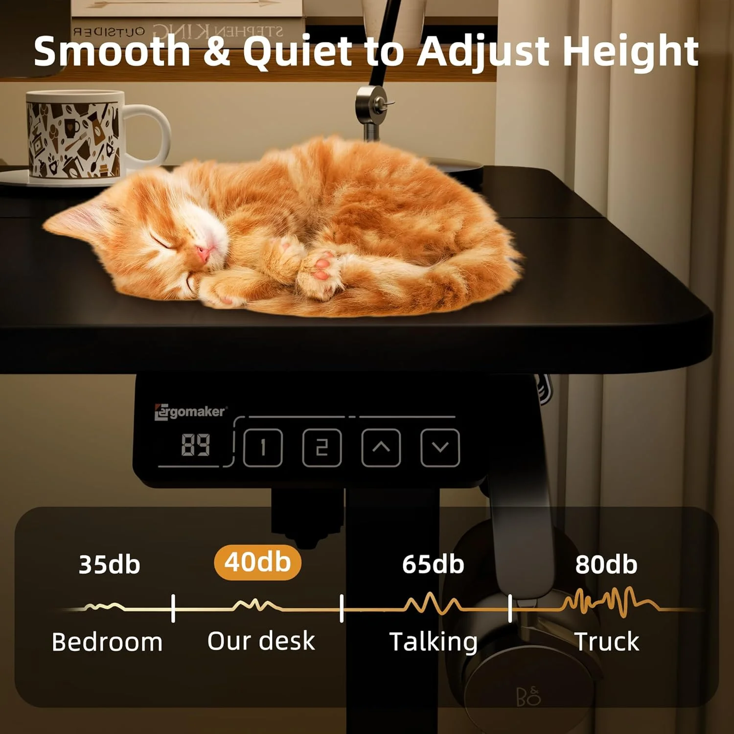 میز ایستاده برقی ارگومیکر، 110 x 60 سانتی متر، میز قابل تنظیم ارتفاع برای دفتر کار خانگی، میز کامپیوتر با حافظه از پیش تعیین شده (فریم مشکی، صفحه مشکی)