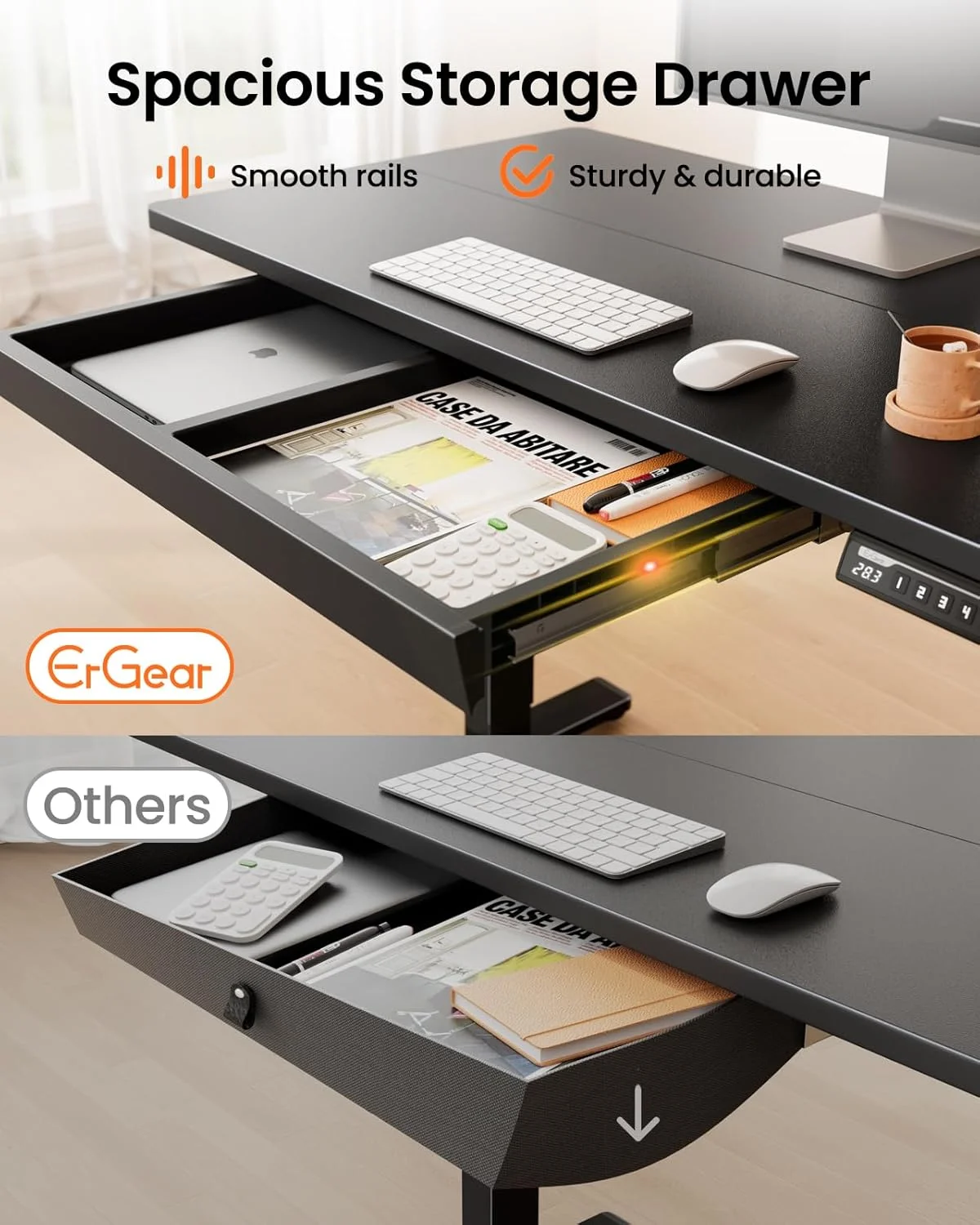 میز تحریر ایستاده ErGear با کشو، میز برقی قابل تنظیم ارتفاع 122x61 سانتیمتر با 4 ارتفاع از پیش تعیین شده و 2 قلاب آویز، میز کامپیوتر ایستاده با کشو برای خانه و محل کار، مشکی EGESD80B میز تحریر ایستاده ErGear با کشو، میز برقی قابل تنظیم ارتفاع 122x61 سانتیمتر با 4 ارتفاع از پیش تعیین شده و 2 قلاب آویز، میز کامپیوتر ایستاده با کشو برای خانه و محل کار، مشکی EGESD80B