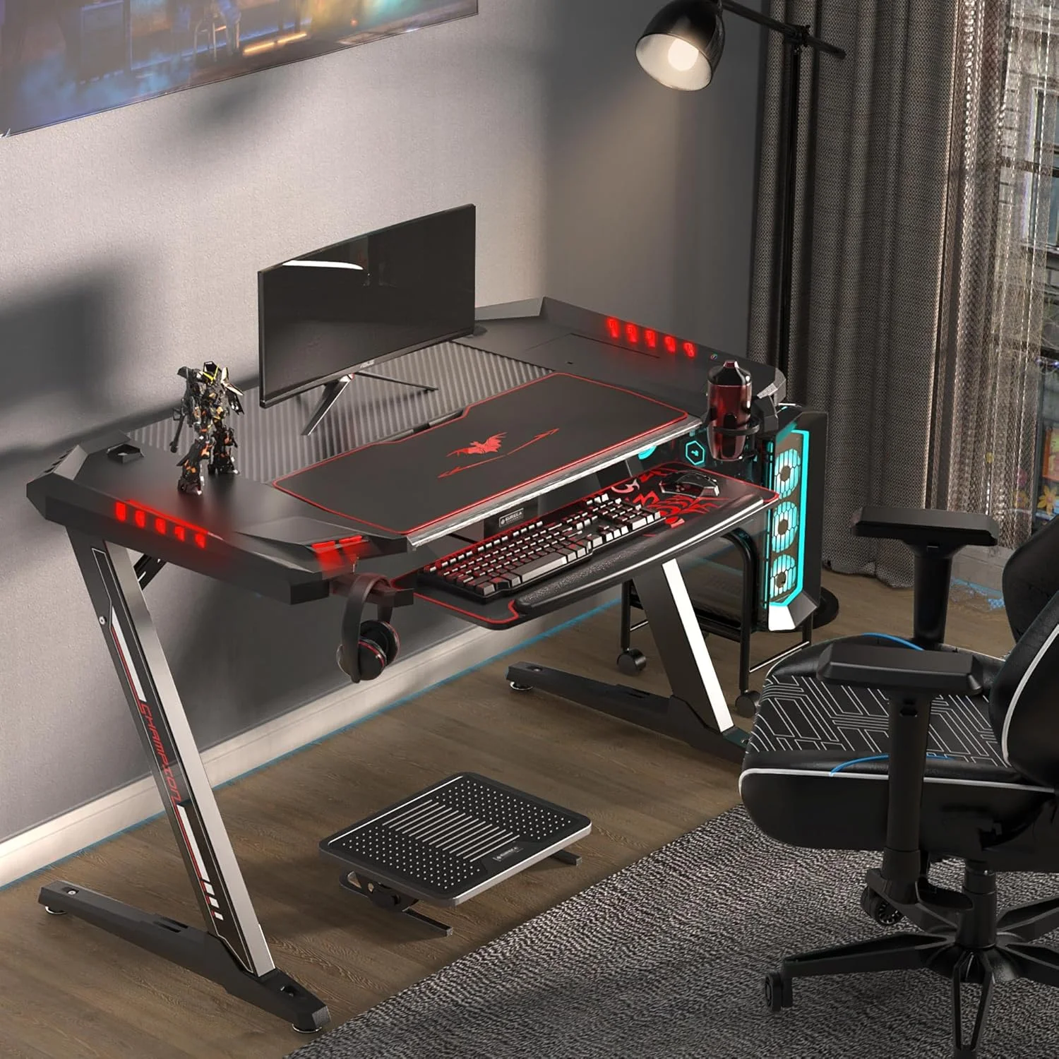 میز بازی ارگونومیک یورکا Z2، میز کامپیوتر اداری به شکل Z، 50.6 اینچ، با جا لیوانی تاشو، قلاب هدفون و نور RGB، هدیه ای برای آقایان، دوست پسر و خانم ها