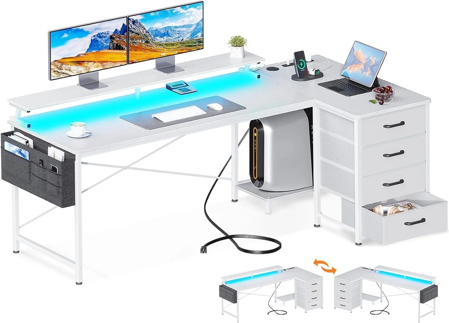 میز کامپیوتر ال شکل دو طرفه با ۴ کشو، سایز ۶۳ اینچ، سفید میز کامپیوتر ال شکل دو طرفه با ۴ کشو، سایز ۶۳ اینچ، سفید