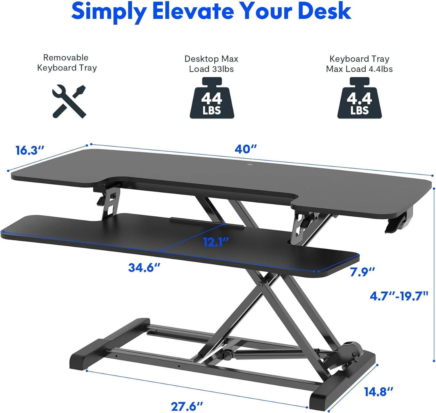 تبدیل میز معمولی به میز ایستاده FLEXISPOT، سایز 40 اینچ، میز کار کامپیوتر با قابلیت تنظیم ارتفاع و فضای بزرگ دو طبقه، مشکی