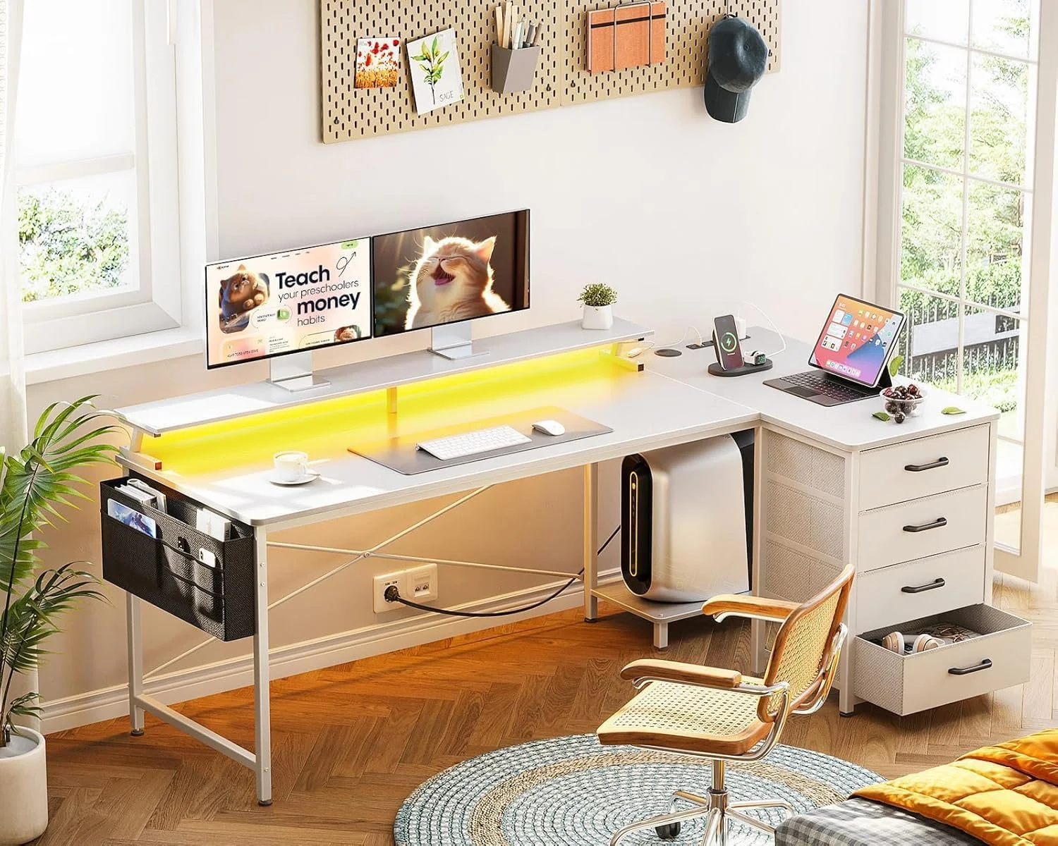 میز کامپیوتر ال شکل دو طرفه با ۴ کشو، سایز ۶۳ اینچ، سفید میز کامپیوتر ال شکل دو طرفه با ۴ کشو، سایز ۶۳ اینچ، سفید