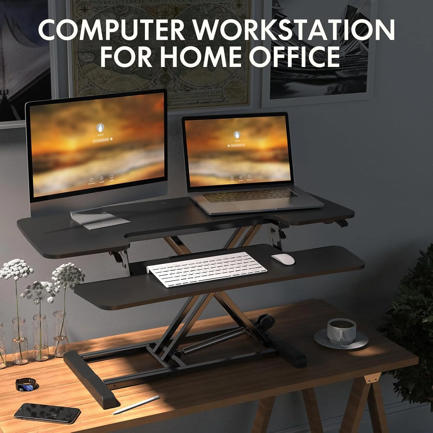 تبدیل میز معمولی به میز ایستاده FLEXISPOT، سایز 40 اینچ، میز کار کامپیوتر با قابلیت تنظیم ارتفاع و فضای بزرگ دو طبقه، مشکی