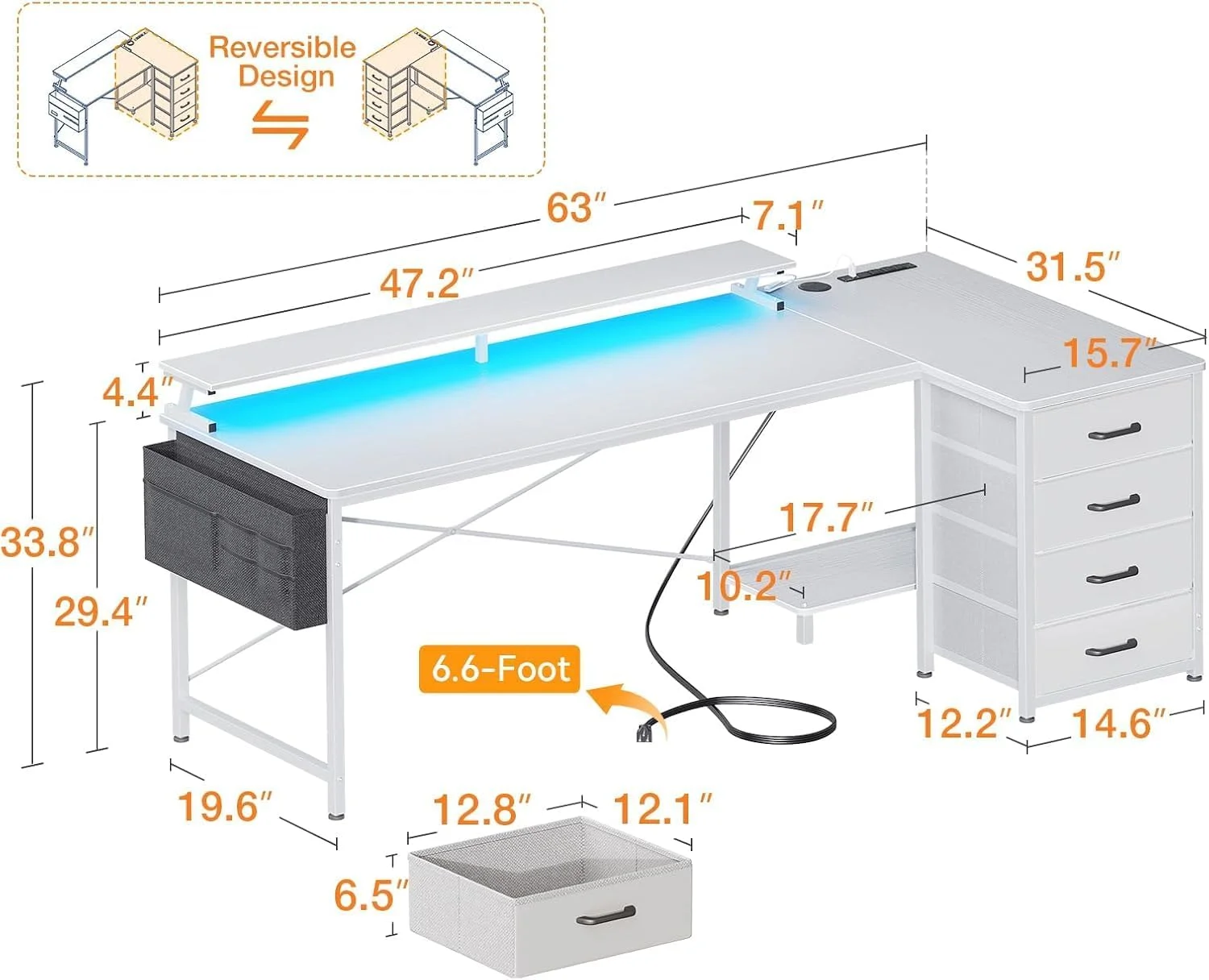 میز کامپیوتر ال شکل دو طرفه با ۴ کشو، سایز ۶۳ اینچ، سفید میز کامپیوتر ال شکل دو طرفه با ۴ کشو، سایز ۶۳ اینچ، سفید