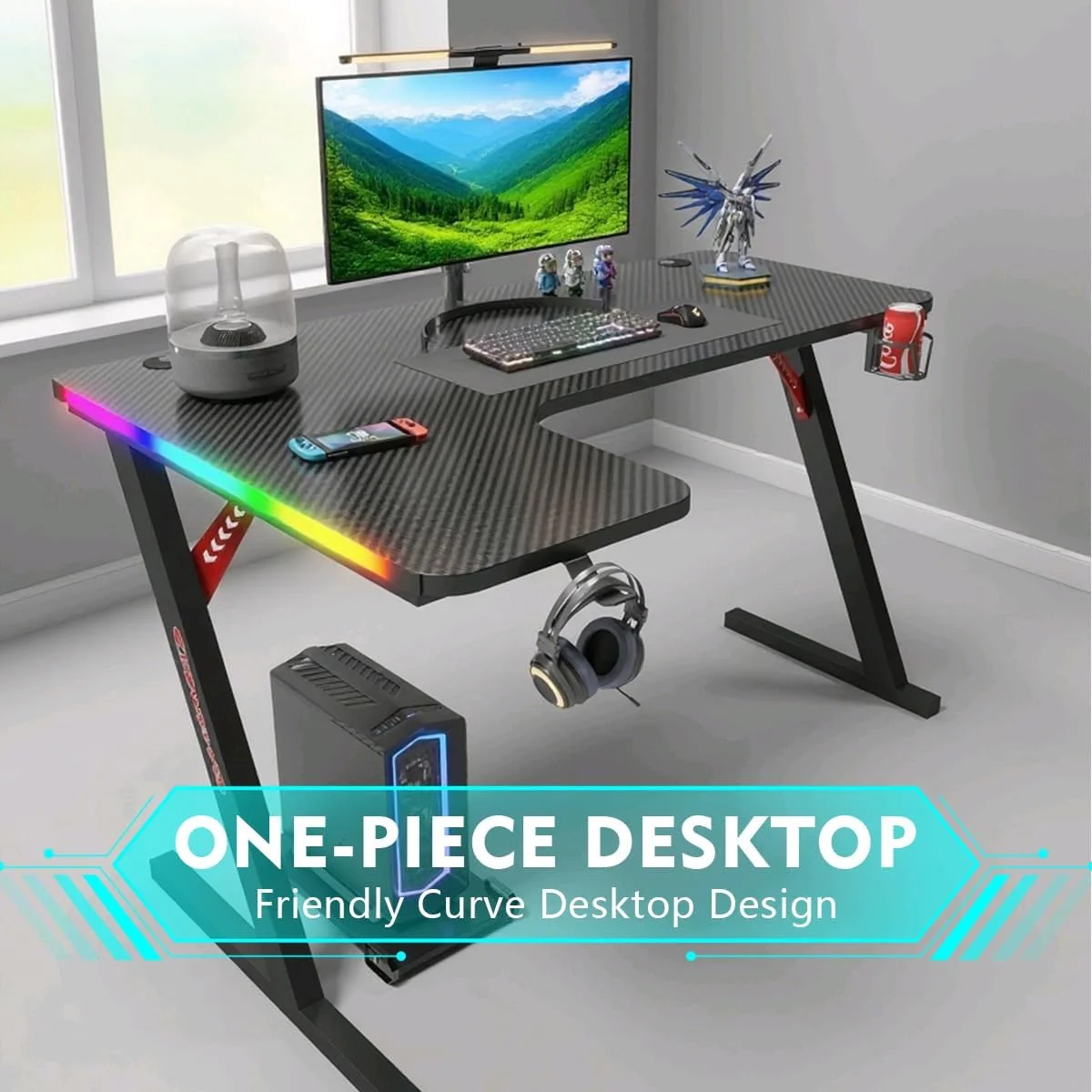 میز بازی با نورهای ال ای دی، میز کامپیوتر بزرگ RGB با جا لیوانی، قلاب هدفون و پد ماوس، میز کار مدرن فیبر کربنی ارگونومیک برای گیمرها، میز کامپیوتر اداری خانگی (1، L شکل چپ) میز بازی با نورهای ال ای دی، میز کامپیوتر بزرگ RGB با جا لیوانی، قلاب هدفون و پد ماوس، میز کار مدرن فیبر کربنی ارگونومیک برای گیمرها، میز کامپیوتر اداری خانگی (1، L شکل چپ)