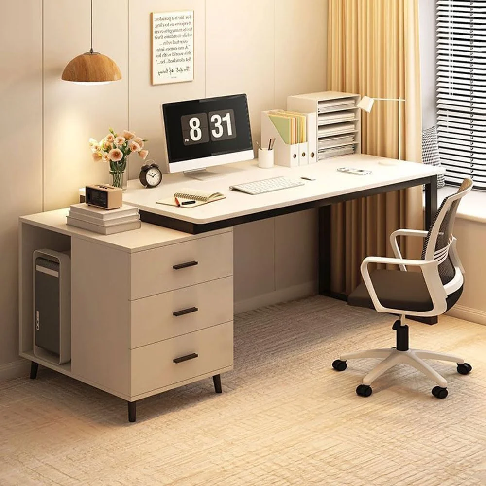 میز کامپیوتر خانگی IEW با قفسه کیس، 120x60x75 سانتی متر، میز بزرگ چند منظوره برای مطالعه، کار و نوشتن، میز اداری اجرایی با کشو و صفحه میز قابل گسترش برای قرار دادن مینی پرینتر، کتاب و فایل