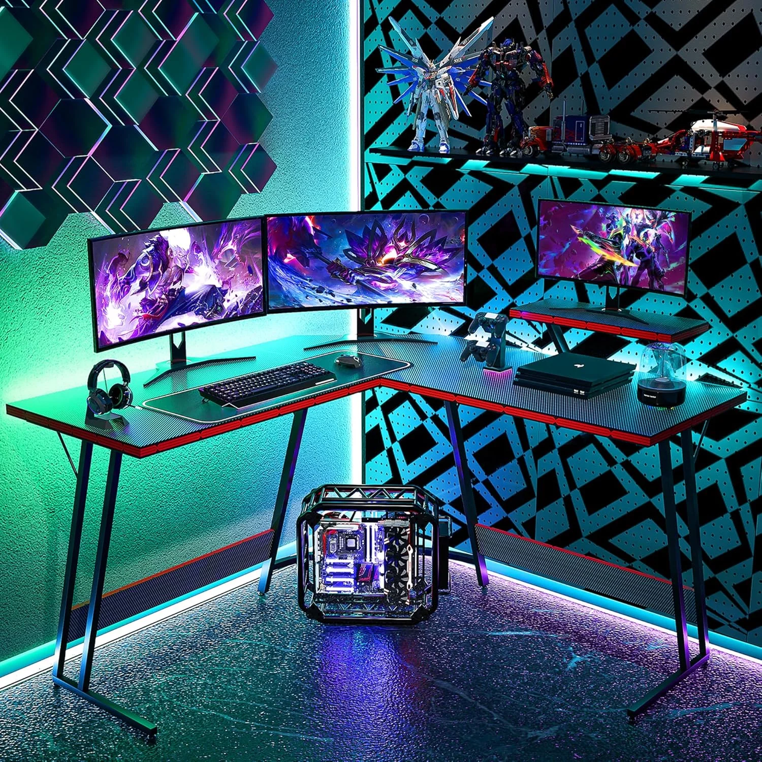 میز کامپیوتر گیمینگ ال شکل Homall، میز گوشه ای ارگونومیک با سطح فیبر کربنی، به همراه پایه مانیتور، جا لیوانی و قلاب هدفون (مشکی)