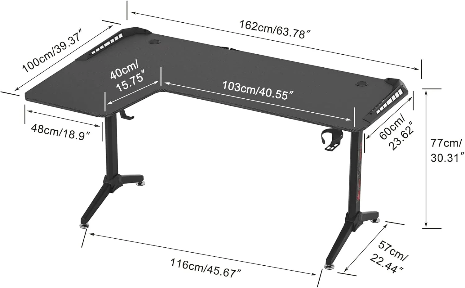 میز کامپیوتر گیمینگ ال شکل: میز بزرگ گوشه ای 160x100 سانتی متر با سطح فیبر کربنی، مناسب برای مطالعه و کار، دارای نور ال ای دی RGB، جعبه مدیریت کابل، قلاب هدفون و جا لیوانی برای دفتر کار خانگی