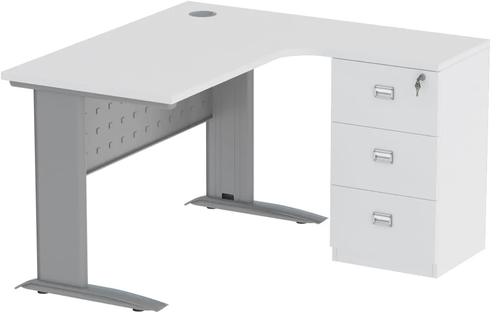 میز کار مدرن و جادار ال شکل ایستازیون مهمایی با کشو - ایده آل برای مدیران اداری، استفاده در منزل و استفاده چند منظوره به عنوان میز کامپیوتر یا میز طراحی (120 سانتی متر، سفید)