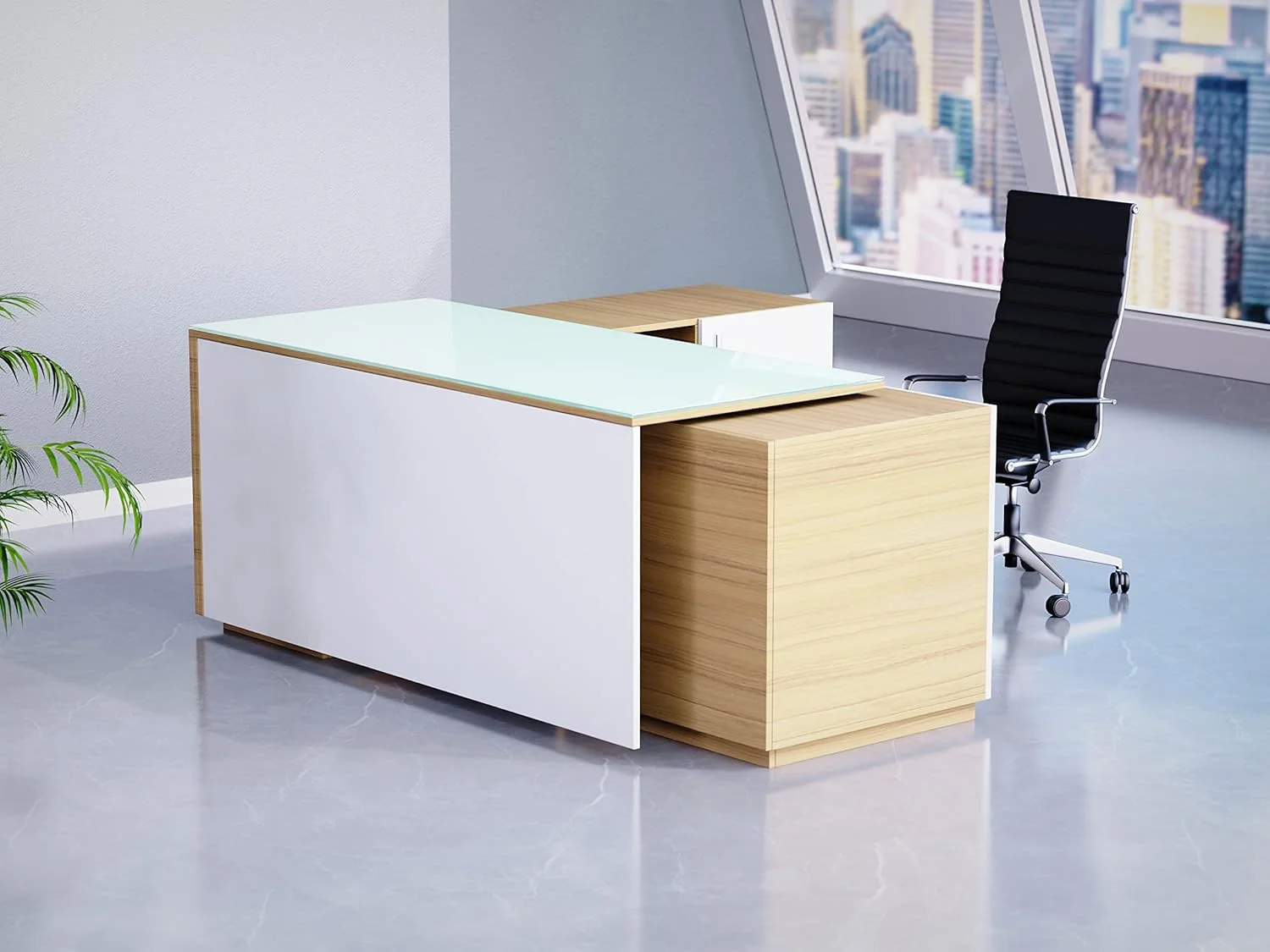 میز اداری شیشه ای ال شکل ماه می با قفسه های ذخیره سازی و کابینت برای خانه و دفتر کار، سبک مدرن - Coco Bolo/سفید