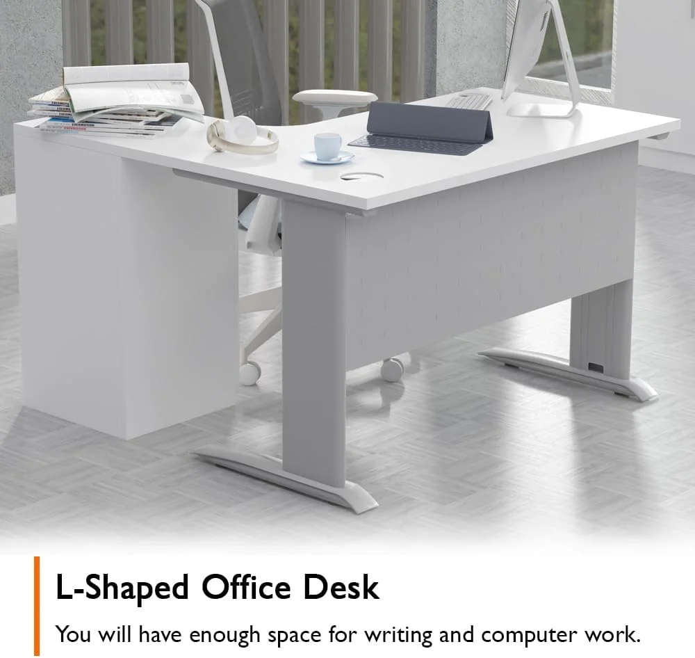 میز کار مدرن و جادار ال شکل ایستازیون مهمایی با کشو - ایده آل برای مدیران اداری، استفاده در منزل و استفاده چند منظوره به عنوان میز کامپیوتر یا میز طراحی (120 سانتی متر، سفید) میز کار مدرن و جادار ال شکل ایستازیون مهمایی با کشو - ایده آل برای مدیران اداری، استفاده در منزل و استفاده چند منظوره به عنوان میز کامپیوتر یا میز طراحی (120 سانتی متر، سفید)