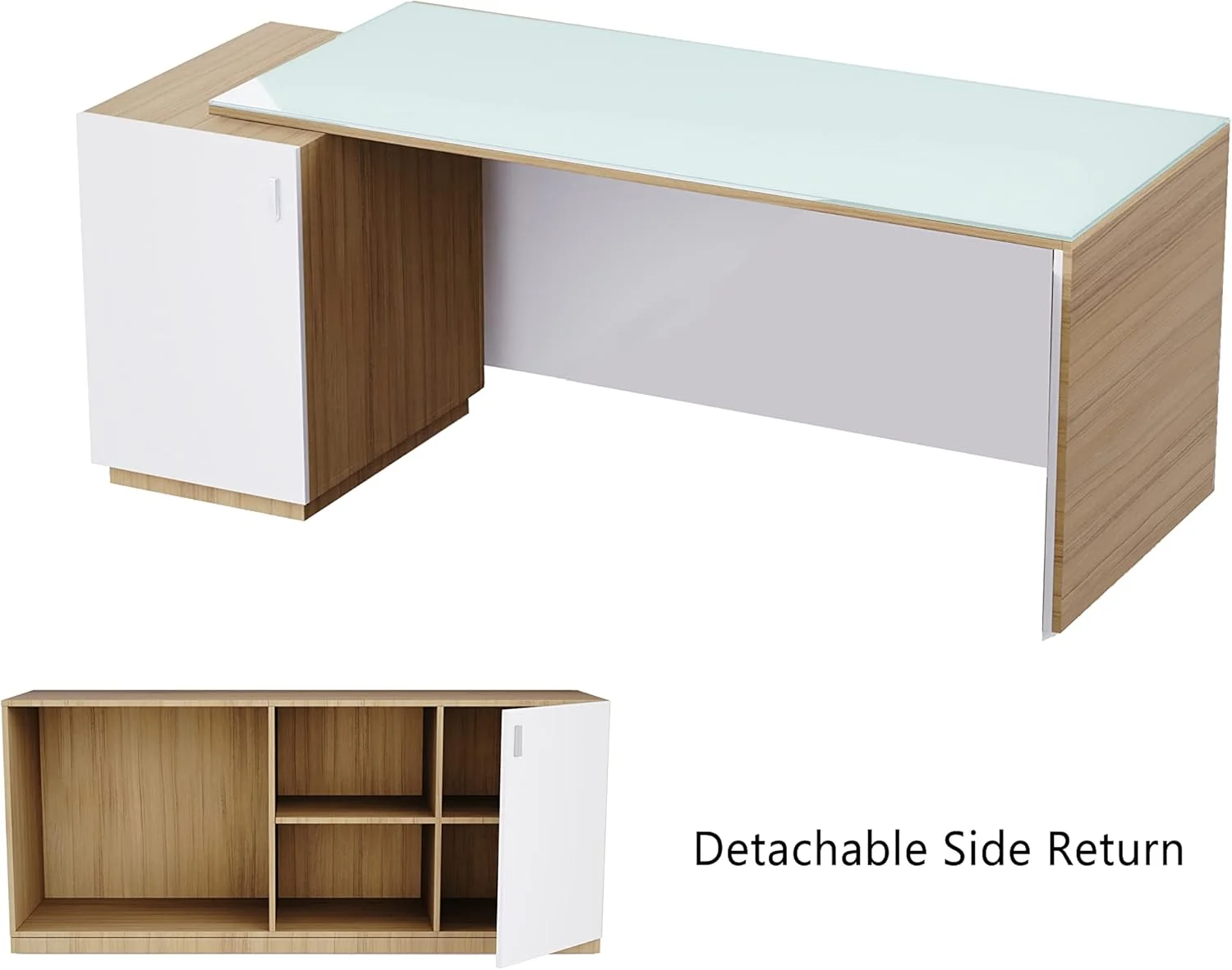 میز اداری شیشه ای ال شکل ماه می با قفسه های ذخیره سازی و کابینت برای خانه و دفتر کار، سبک مدرن - Coco Bolo/سفید