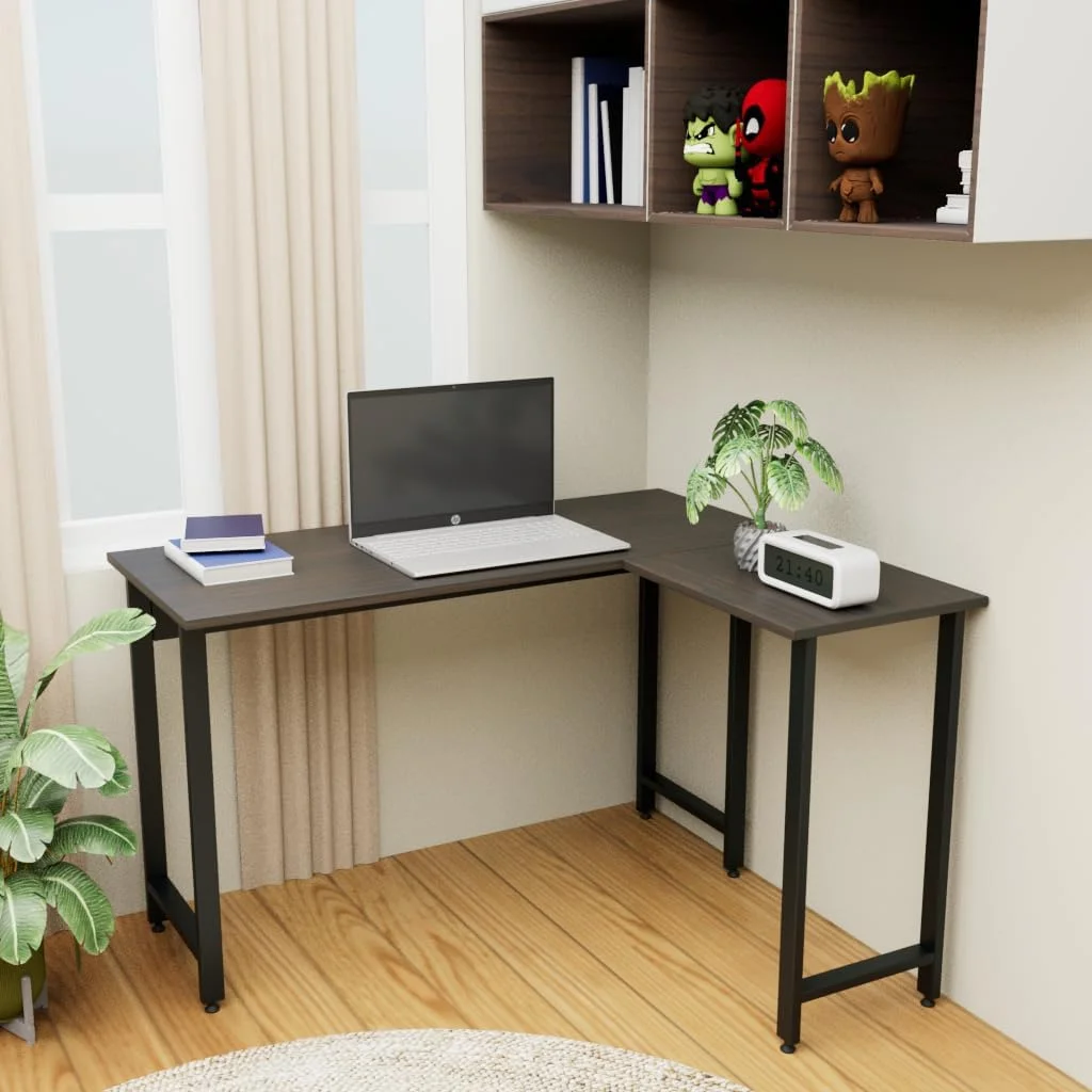 میز کامپیوتر مدرن ال شکل RIGID، میز اداری مستحکم، میز مطالعه بزرگ برای دفتر کار خانگی با رویه گردویی و پایه های مشکی، 120D x 120W x 75H سانتی متر، مونتاژ نشده