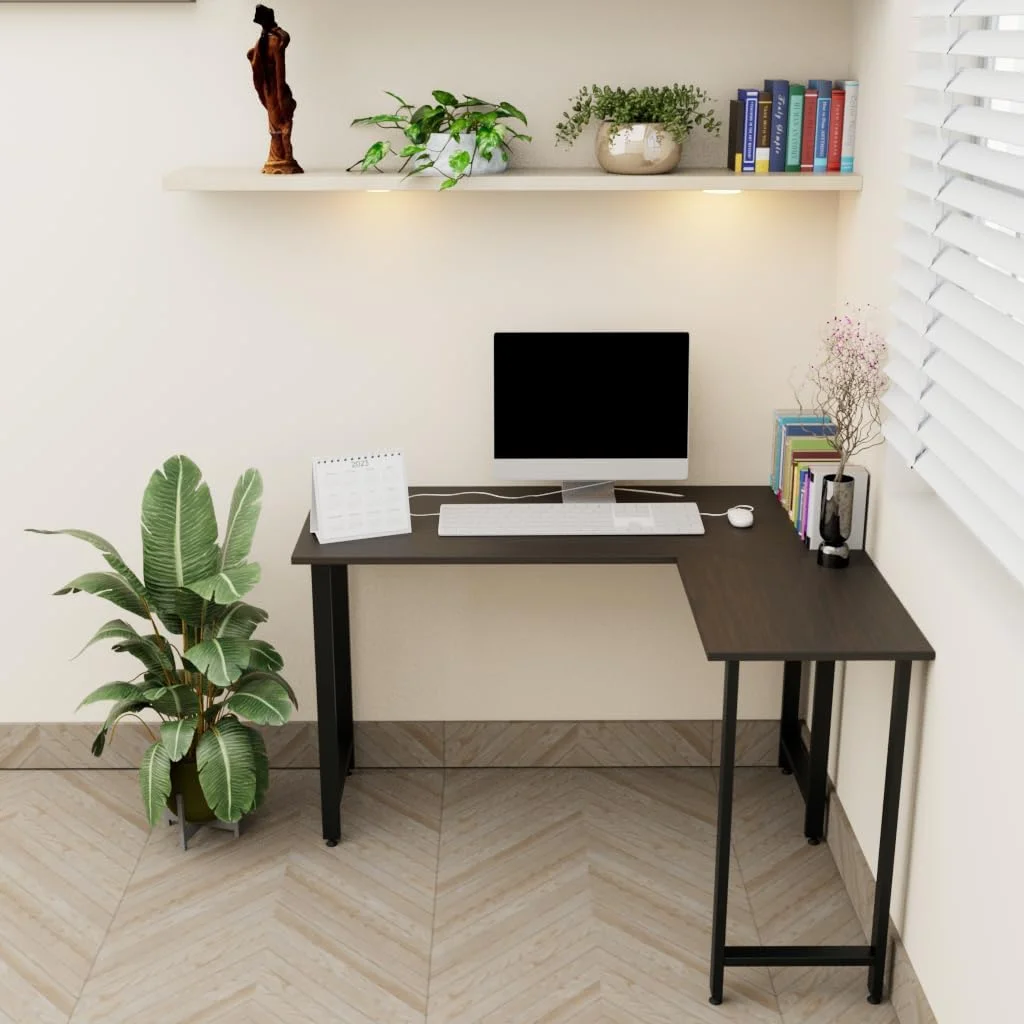 میز کامپیوتر مدرن ال شکل RIGID، میز اداری مستحکم، میز مطالعه بزرگ برای دفتر کار خانگی با رویه گردویی و پایه های مشکی، 120D x 120W x 75H سانتی متر، مونتاژ نشده