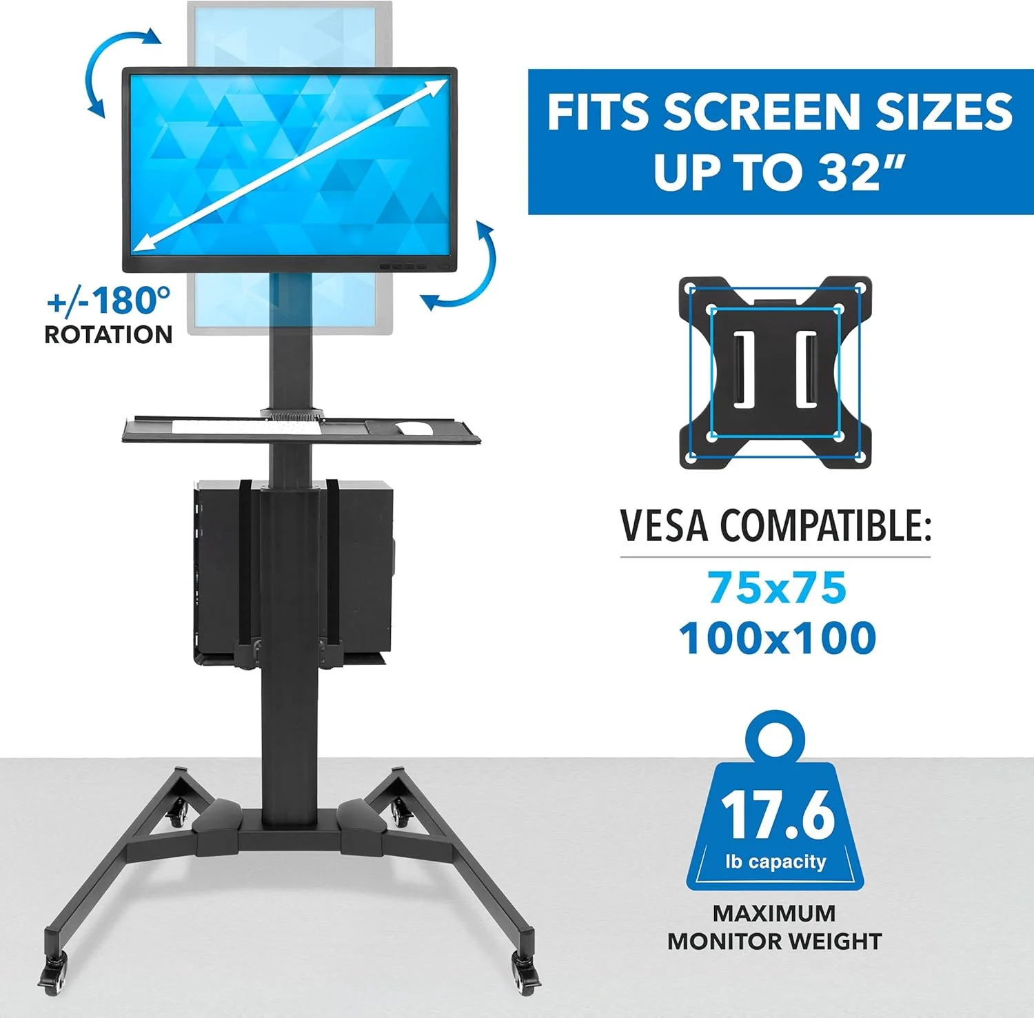 میز کامپیوتر چرخ دار Mount-It! با پایه مانیتور برای صفحه نمایش تا 32 اینچ، میز کامپیوتر سیار، سینی صفحه کلید و ماوس، پایه چرخ دار با نگهدارنده CPU قابل تنظیم، ارتفاع 63.5 اینچ میز کامپیوتر چرخ دار Mount-It! با پایه مانیتور برای صفحه نمایش تا 32 اینچ، میز کامپیوتر سیار، سینی صفحه کلید و ماوس، پایه چرخ دار با نگهدارنده CPU قابل تنظیم، ارتفاع 63.5 اینچ