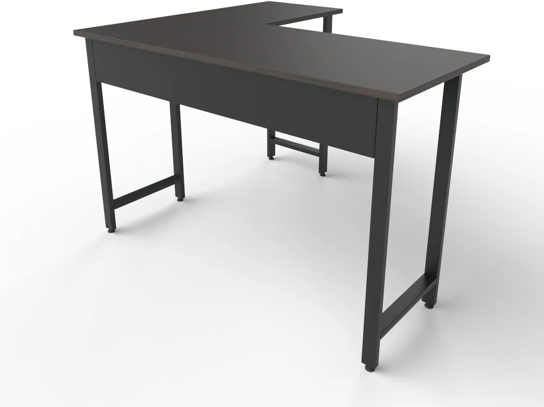 میز کامپیوتر مدرن ال شکل RIGID، میز اداری مستحکم، میز مطالعه بزرگ برای دفتر کار خانگی با رویه گردویی و پایه های مشکی، 120D x 120W x 75H سانتی متر، مونتاژ نشده