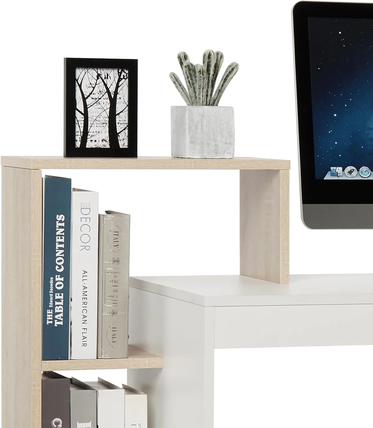 میز کامپیوتر جمع و جور Mondeer با 3 قفسه ذخیره سازی، میز تحریر کم جا، 110 x 40 x 92 سانتی متر، برای مطالعه ایستگاه کاری دفتر خانه، سفید و بلوطی